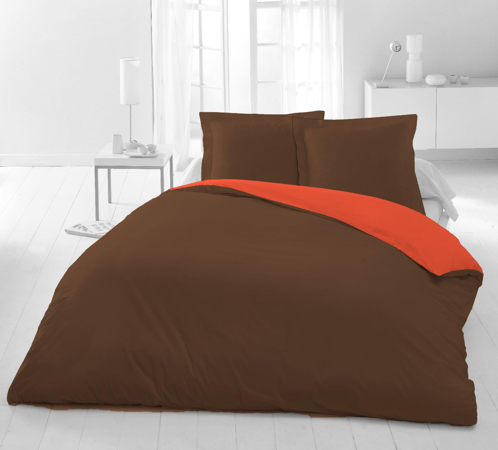 Juego de Funda Nórdica Reversible 100% Microfibra 2 Piezas (1 Funda Edredón Nórdico + 1 Funda de Almohada) (Cama 150, Marrón)