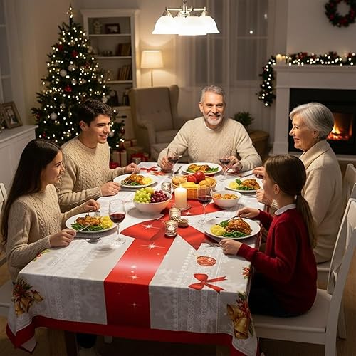 Miniatura 4 de Elegante mantel estampado de Navidad, reutilizable, impermeable, antimanchas, para decoración de festivales y comedor (A, 70.87 x 55.12 pulgadas)