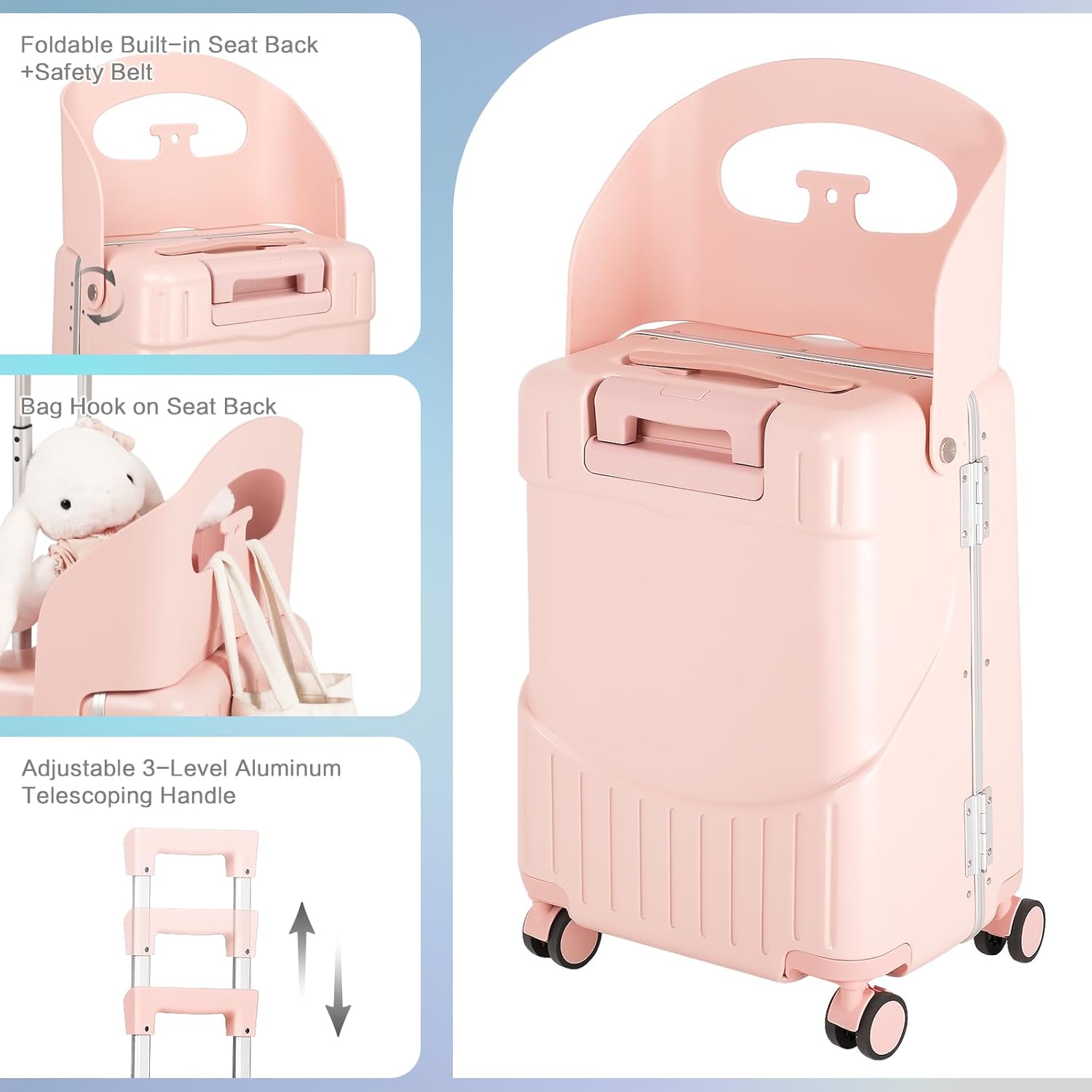 smilesun 20" Carry On Luggage with Seat For Kids & Adults，Hardside Ride On Suitcase with 360°Spinner and TSA Lock For Travel(Light Pink, 20-in)