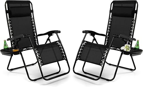 Tangkula Juego de 2 sillas de gravedad cero, silla plegable para patio, reclinable, ajustable, con soporte para tazas, reposabrazos anchos para