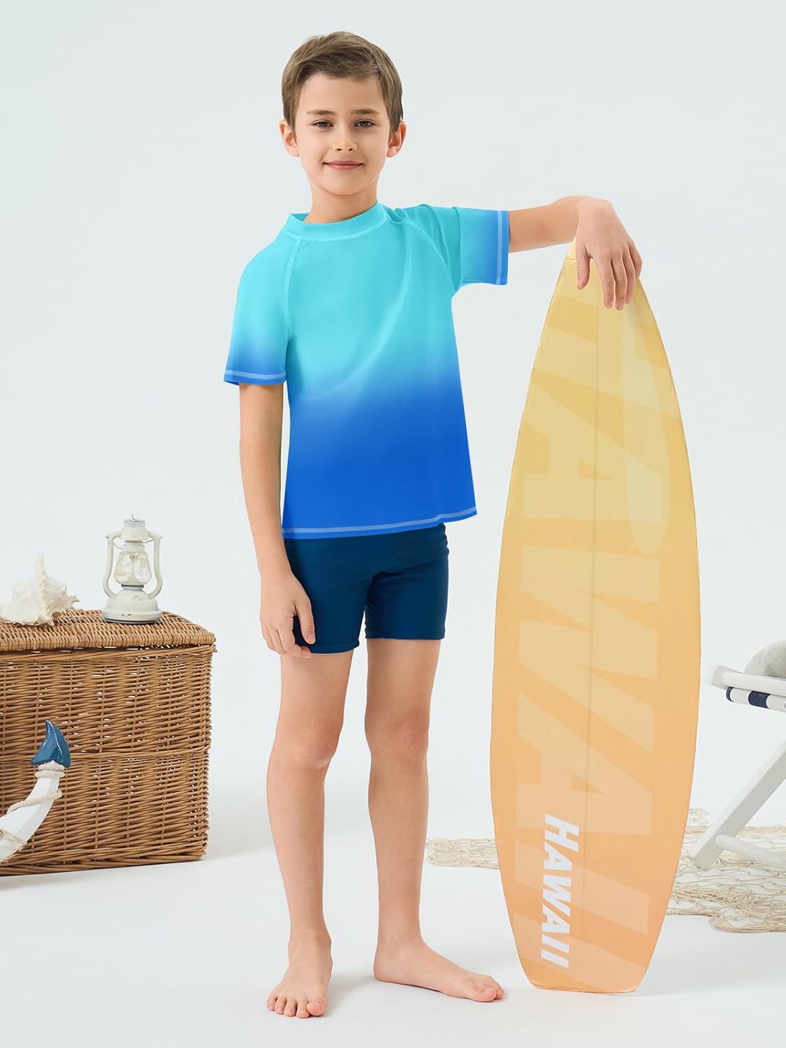 Haloumoning Boys Gradient Rash Guard Swim Shirt Short Sleeve UPF+ 50 Sun Shirts for Kids Rashguard Water Shirts - Image 2