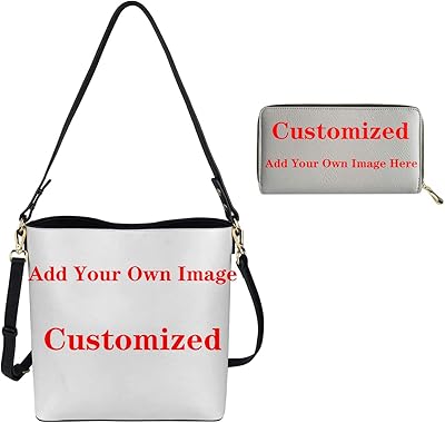 HUGS IDEA Customized Add Your Own Image Here Personality PU Leather Bucket Bag with Zipper Around Wallets Full Set of 2 Packs Large Crossbody Hobo Bags