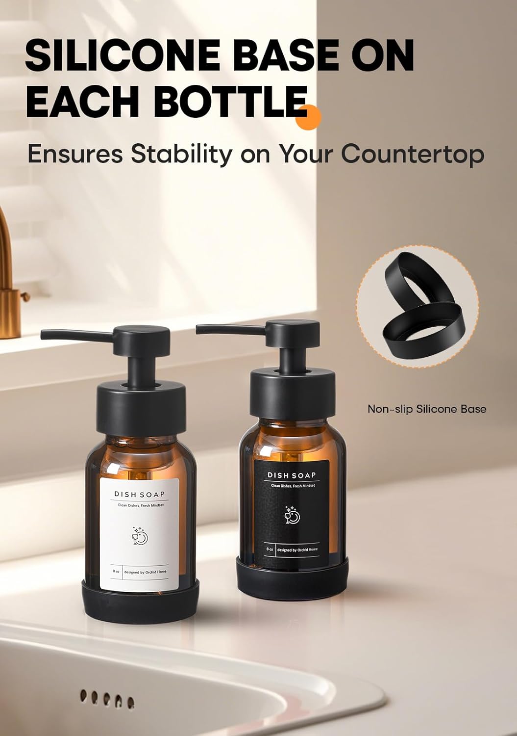 Foaming Soap Dispenser Set, Glass Foam Soap Dispenser with Plastic Pump, 8.5oz Empty Refillable Glass Bottle for Liquid Soap - Kitchen, Bathroom, Commercial - Image 2