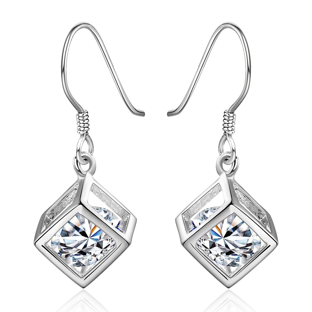 Fashion 3D Cube Earrings Cubic Zirconia Crystal earrings Birthstone earrings Sterling Silver Jewelry Birthday Gift Anniversary Present