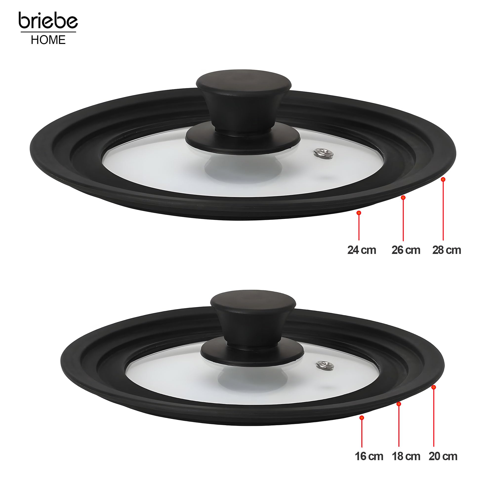 briebe TotaLid Set di 2 Coperchi Universali per Padella con Bordo in Silicone e Vetro Temperato, Multidiametro 16-18-20cm e 24-26-28cm, senza BPA, per Pentole, Casseruole, Valvola per il Vapore