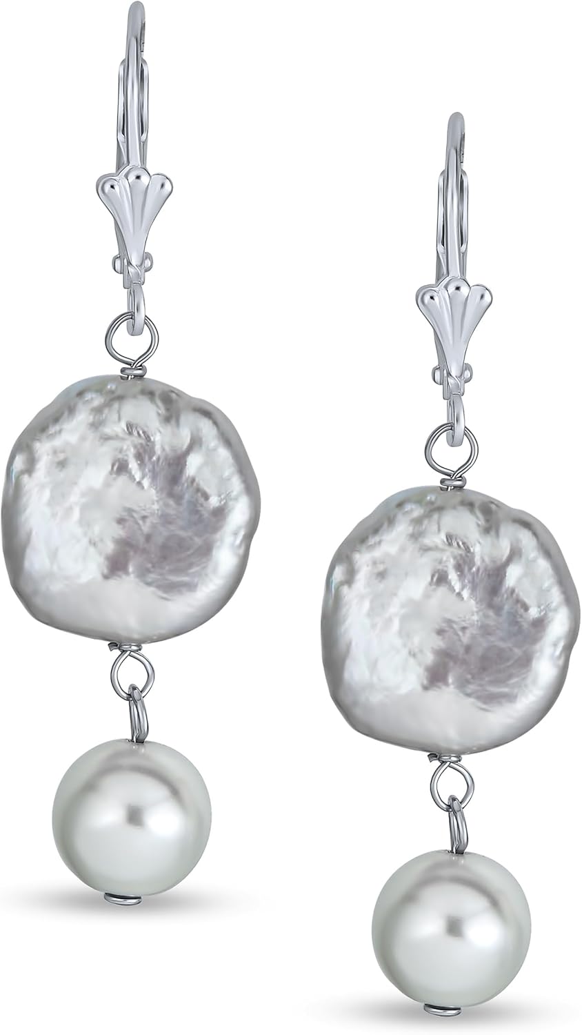 Bridal White Coin Biwa Cultured Pearl Lever back Dangle Earrings For Women .925 Sterling Silver