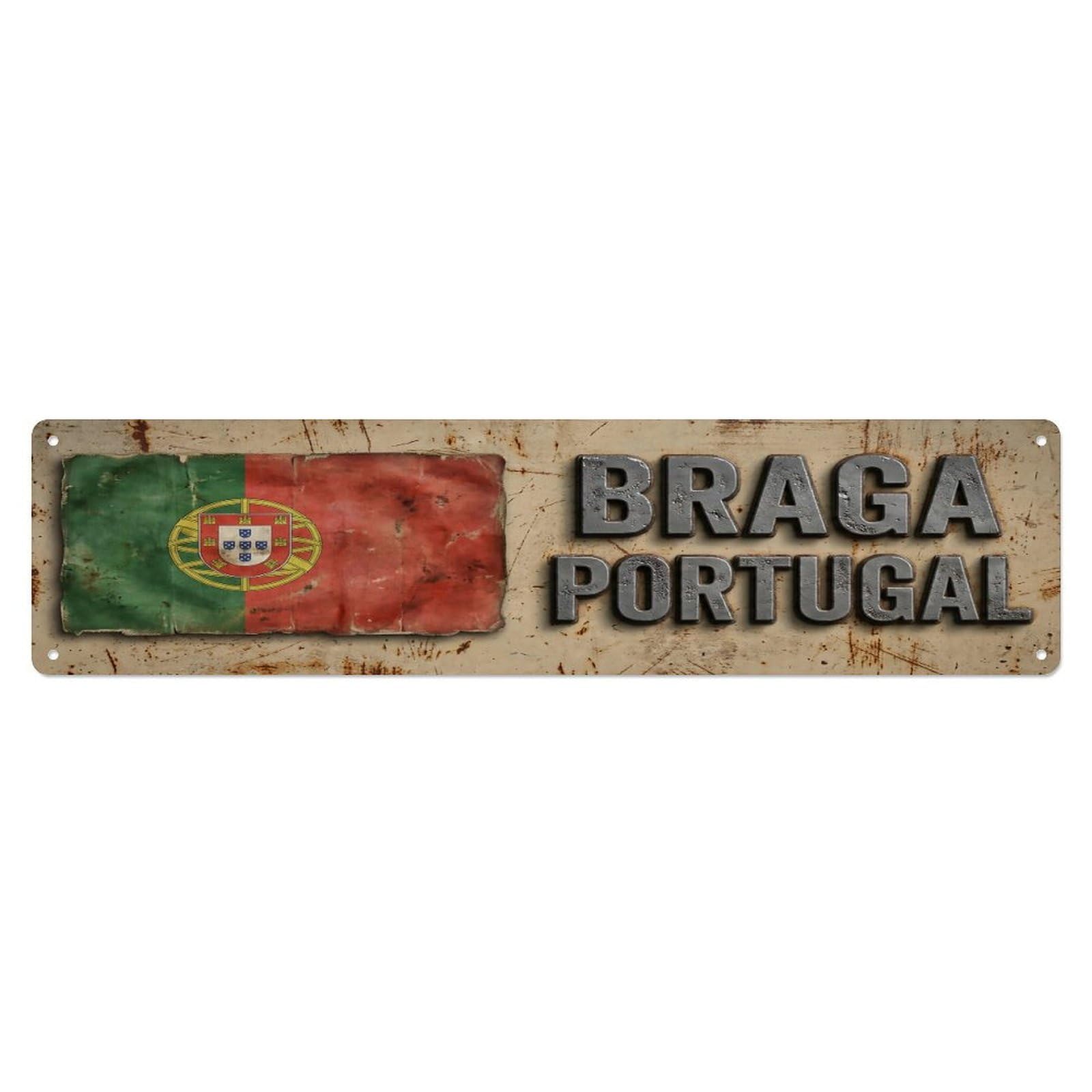 Vintage Braga Portugal Flag Decor Rustic Travel Metal Tin Sign