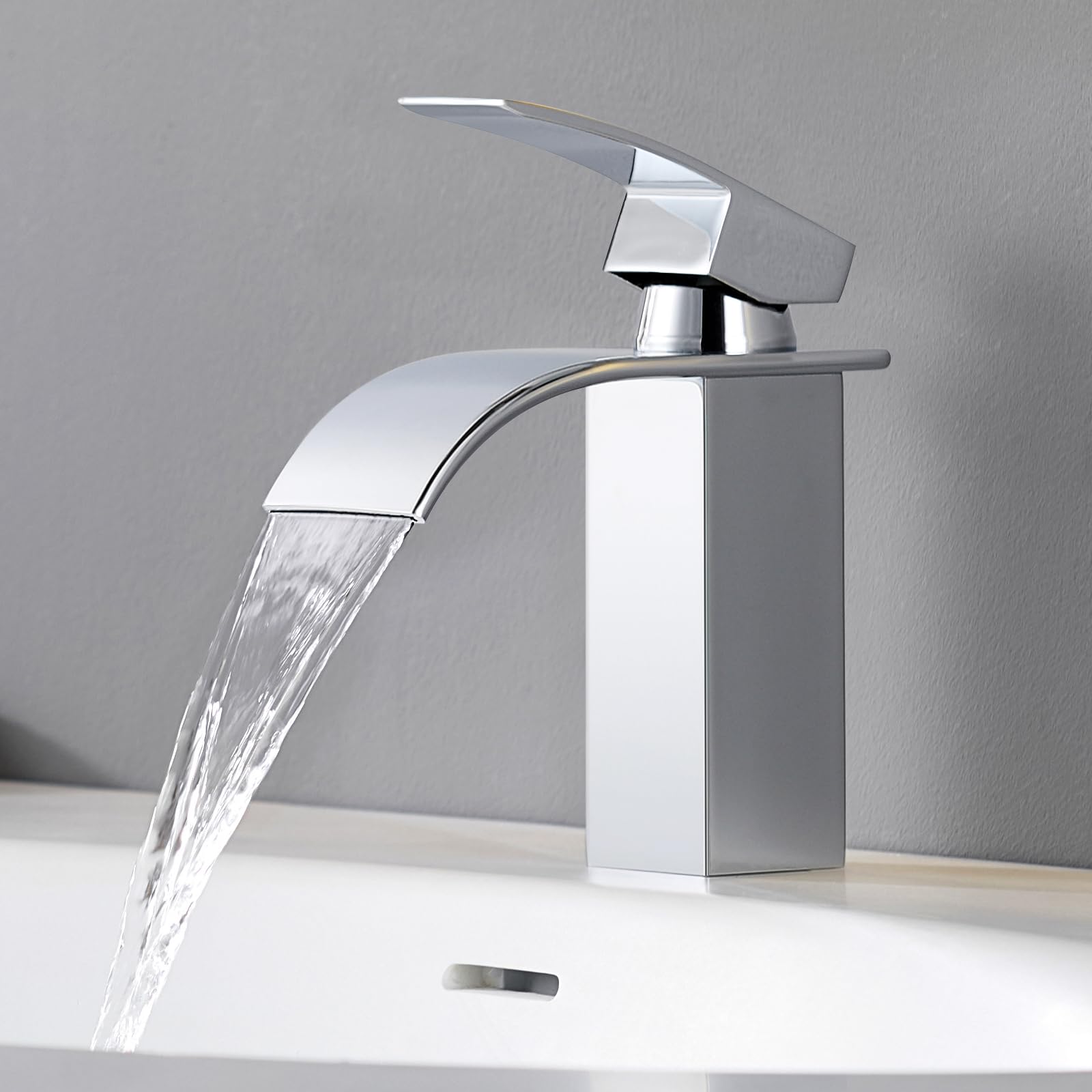 CECIPA Waterfall Spout Bathroom Sink Mixer Tap, Single Lever Handle Basin Mixer Tap, Polished Chrome, Drip-Resistant, Square Stainless Steel Modern Cloakroom Faucet with G1/2'' Hoses