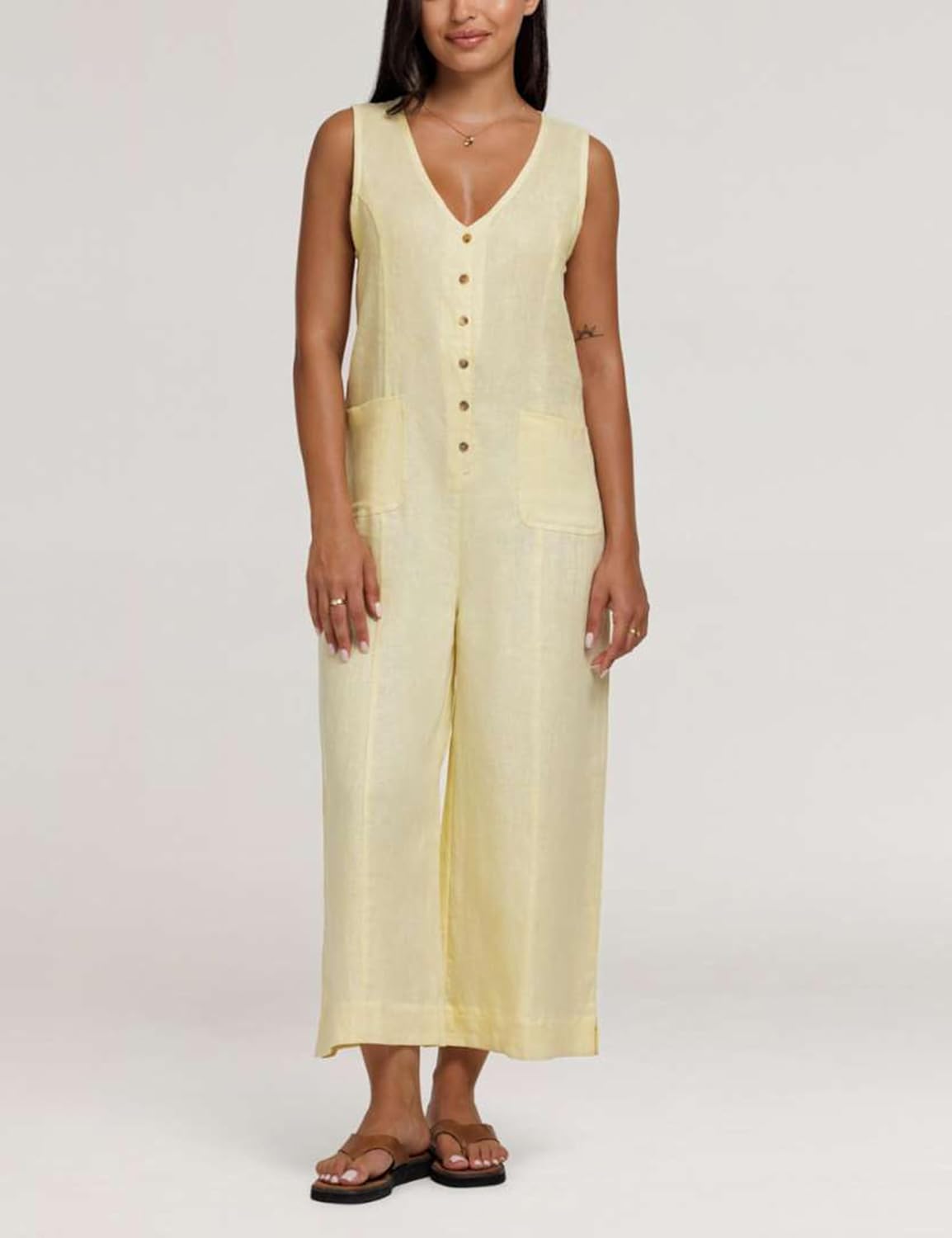 Yeokou Women Button Down Jumpsuits Cotton Linen Sleeveless Casual Wide Legs Rompers Loose Overall with Pockets - Image 6