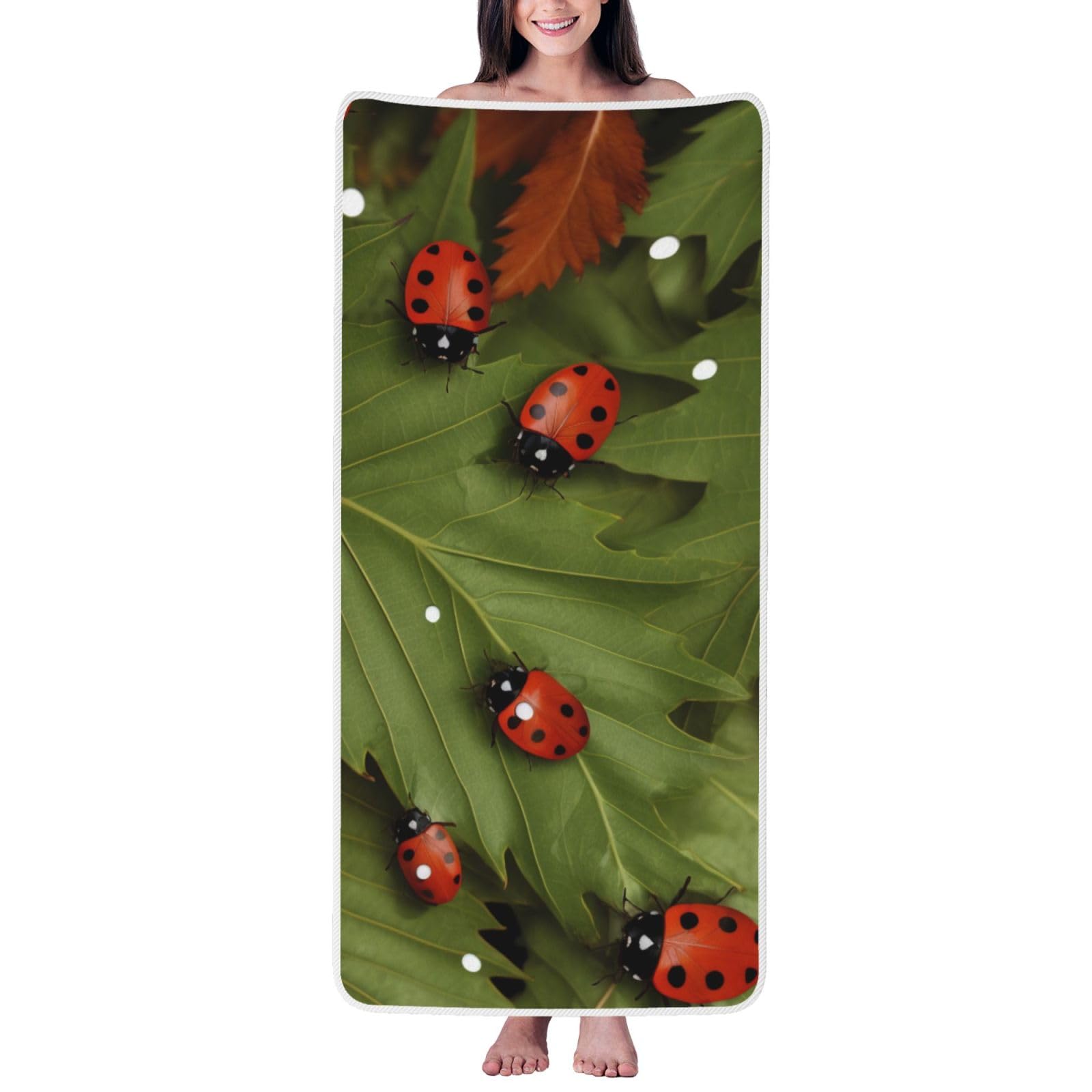 WPKJU Leaves and Ladybugs Printed Bath Towel with White Edging - 27x55 in Soft Extra Absorbent Coral Velvet Shower Towels for Bathroom