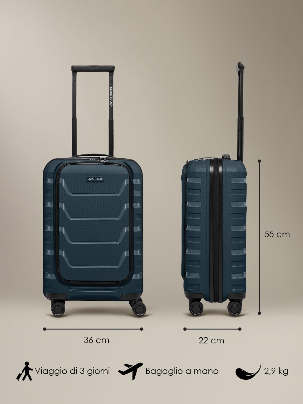 Smartbox trolley da cabina con vano laptop S 55 cm | valigia rigida 36×22×55 cm con apertura frontale, 4 doppie ruote & serratura TSA | polipropilene leggero – Edition 01