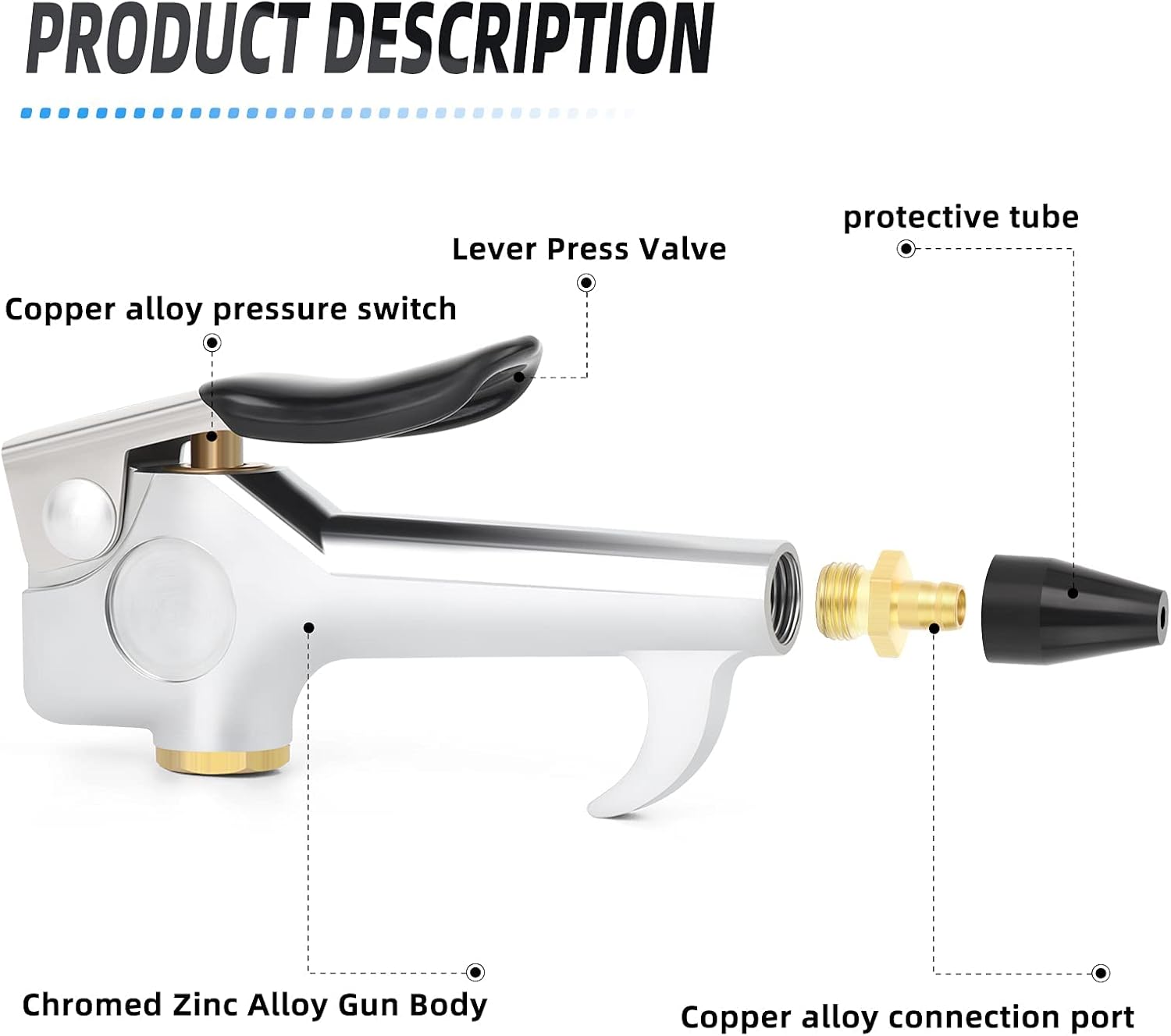 MEANLIN MEASURE 5PCS 1/4" Heavy Duty Lever Compressed Air Nozzle With Rubber Tip Safety Nozzle For Air Compressor Home Garage Store Industrial