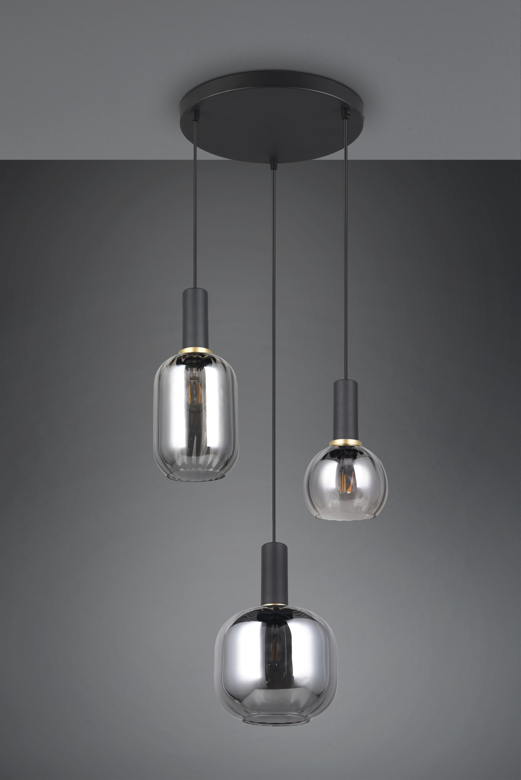 Trio Leuchten Pendelleuchte Diva 319830332, Metall Schwarz matt, Glas Chrom bedampft, exkl. 3x E27