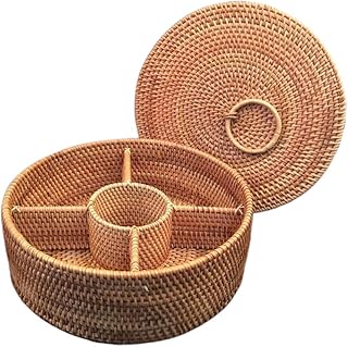 FAVOMOTO Tkany Koszyk Owocowy Rattan Tray Przekąski Okrągły Piknik Organizator Żywność Porcja Bin Z Pokrywą Wiklinowa Miska Puchar Uchwyt Chlebowy Pojemnik