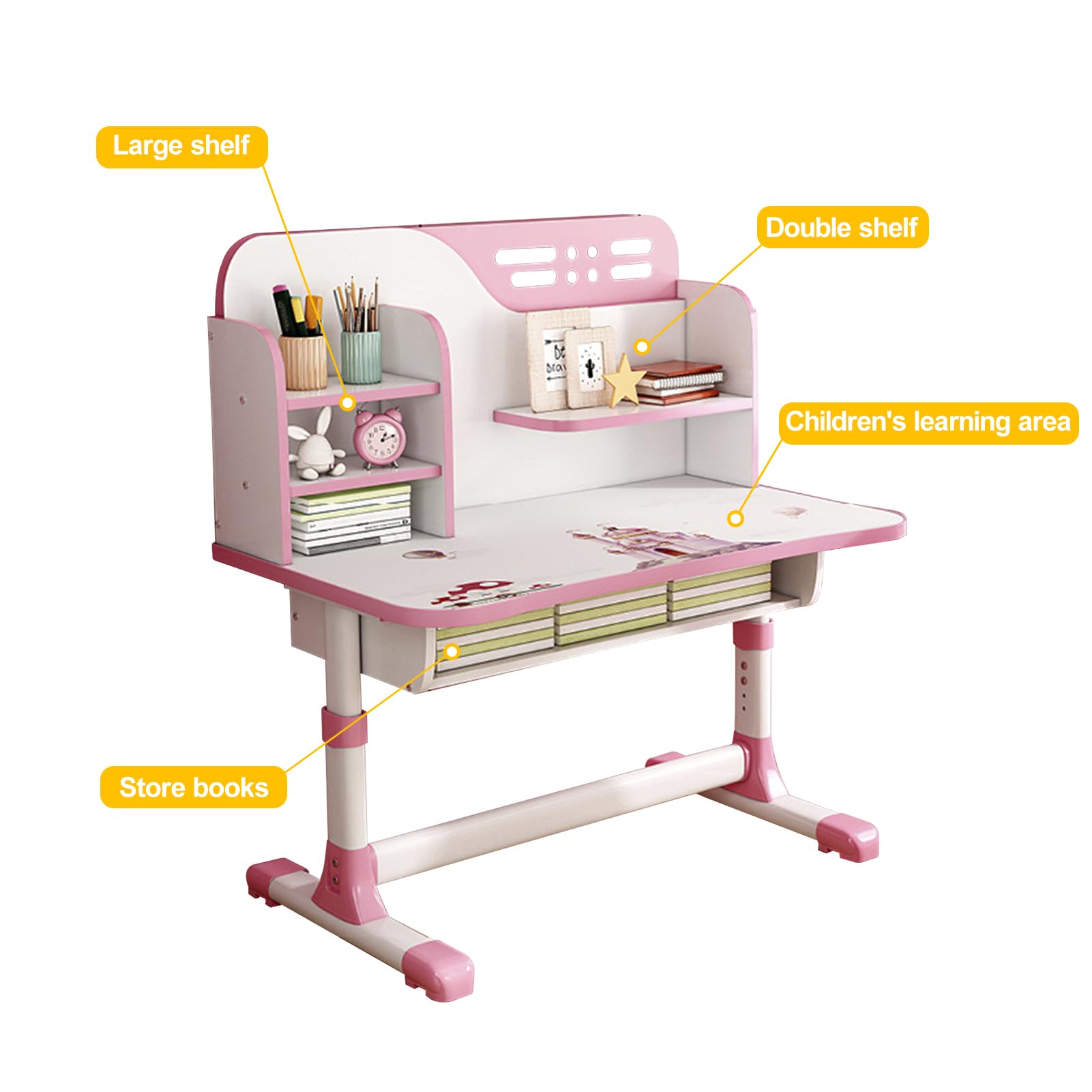 Reheyre Set di scrivania e sedia per bambini, rosa con altezza regolabile, cassetti e contenitori, motivo cartone animato, tavoli e sedie per bambini e ragazze (doppio schienale rosa)