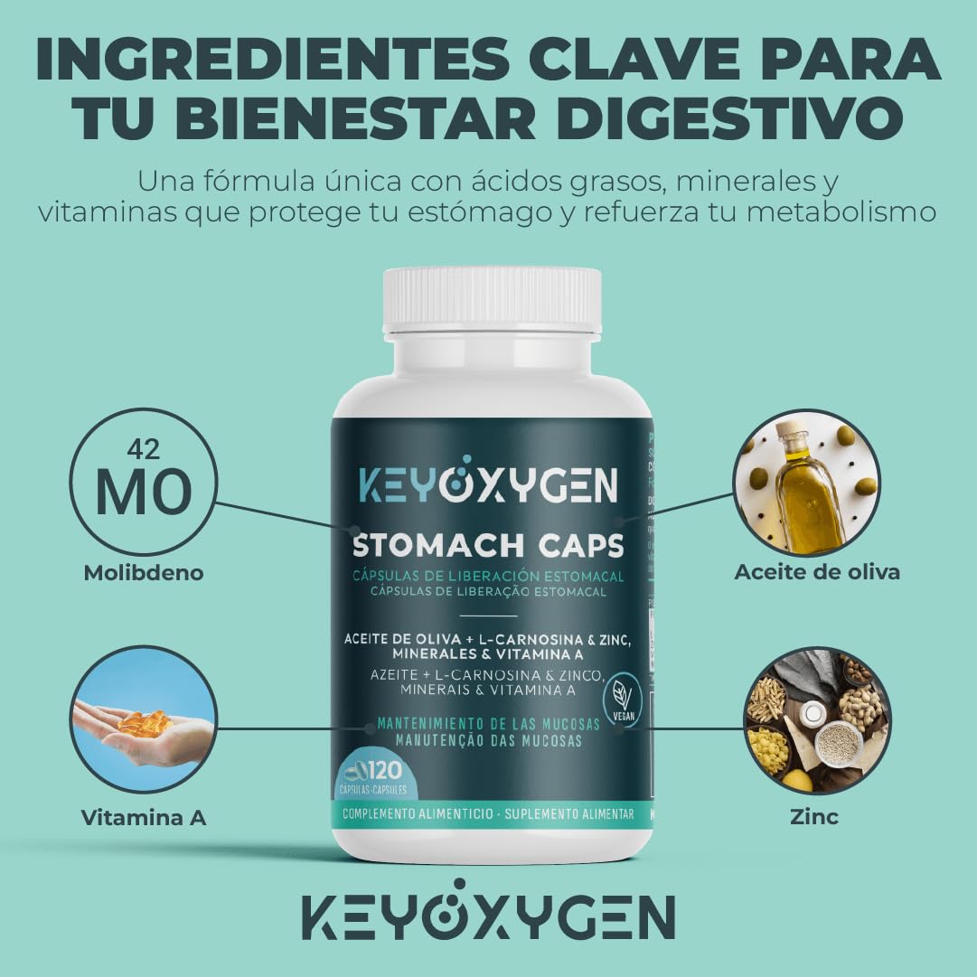 Enzimas Digestivas Liberación Estomacal con Zinc + Vitamina A Y L-Carnosina - Complemento Alimenticio Vegano para El Mantenimiento de las Mucosas 120 Cápsulas | KeyOxygen Stomach Caps