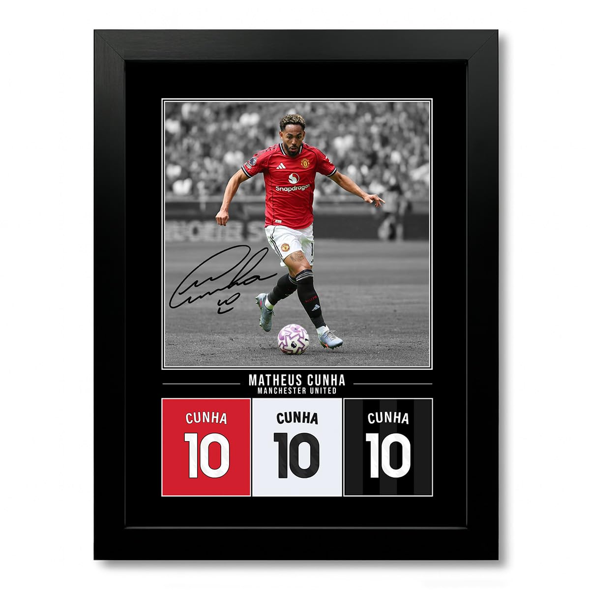 Matheus Cunha Manchester United Signed Photo Poster Print Picture Display Framed Autograph Memorabilia for Football Fans Gift Man Utd Brazil (A4 Black Framed)