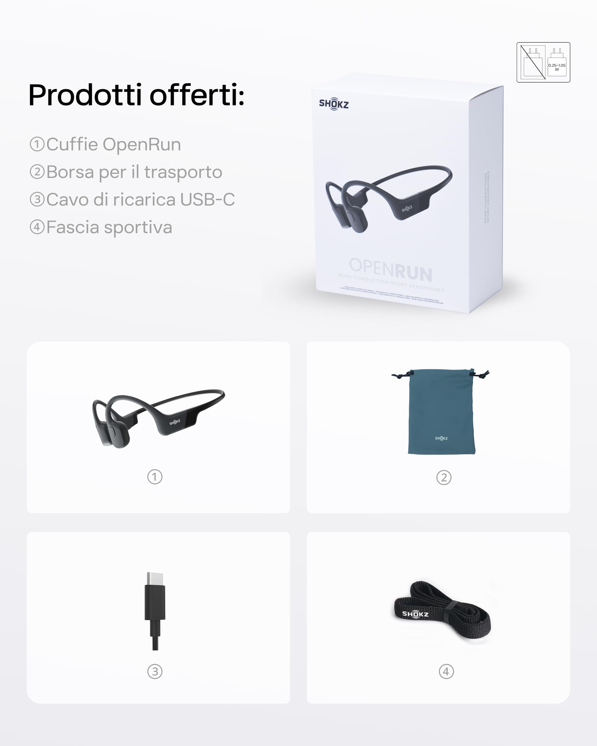 SHOKZ Auricolari OpenRun a conduzione ossea, auricolari sportivi Bluetooth open-ear con microfono, cuffie wireless impermeabili IP67, autonomia 8 ore, USB-C, Fascia auricolare sport, Nero