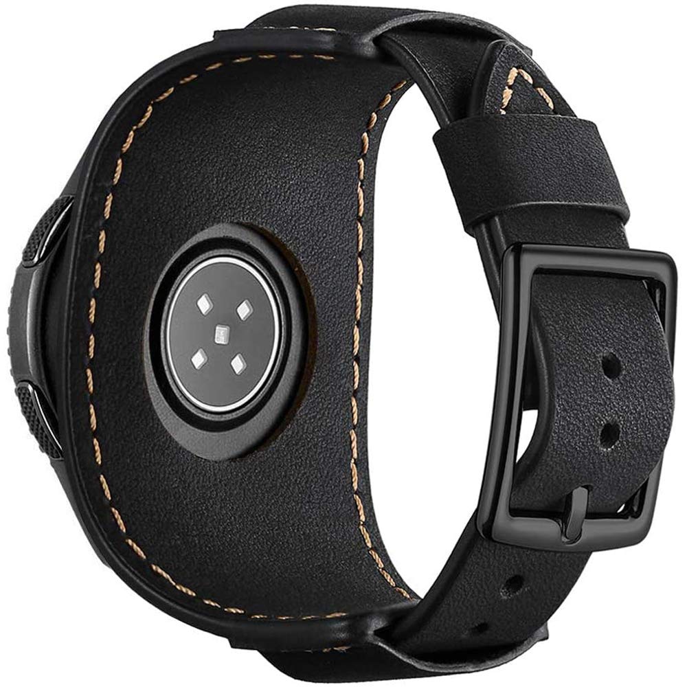 Sjiangqiao Compatible with Samsung Galaxy Watch 46mm/Gear S3 Frontier/Classic Bands, 22mm Vintage Genuine Leather Replacement Strap Cuff Bracelet Wristband Accessories Wrist Belt for Men Women(Black)