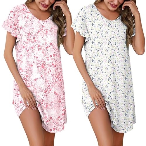 Marvmys 2 Pack Nightgowns for Women Short Sleeve Night Shirts V Neck Sleepwear Night Gown Loungewear S-3XL Small Purple & Pink Floral