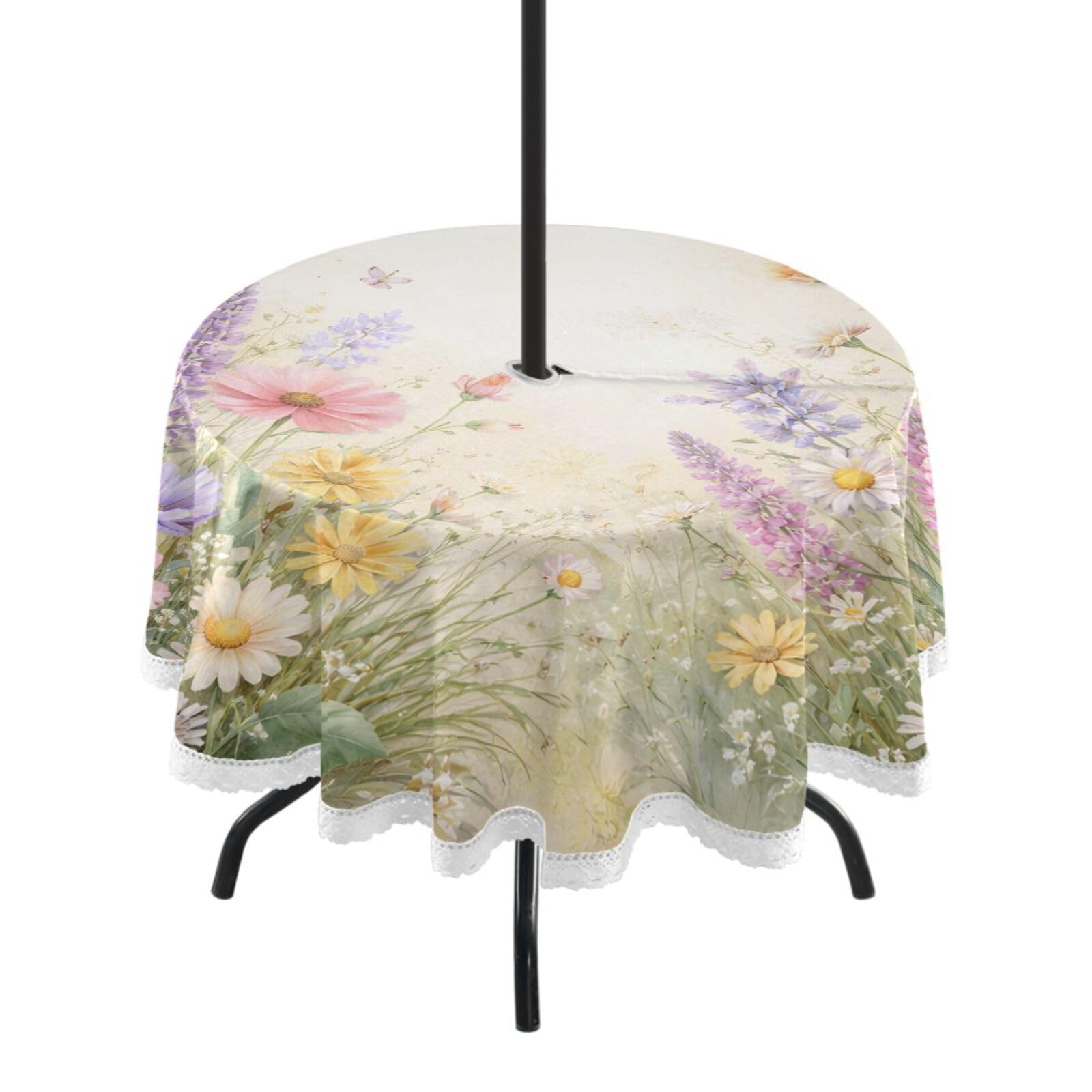 Ttgoth Wildflowers Outdoor Table Cloth 152 cm Water Stain & Resistan Tablecloth Wipeable Table Cover with Parasol Hole & Zipper for Garden Patio Party Picnic