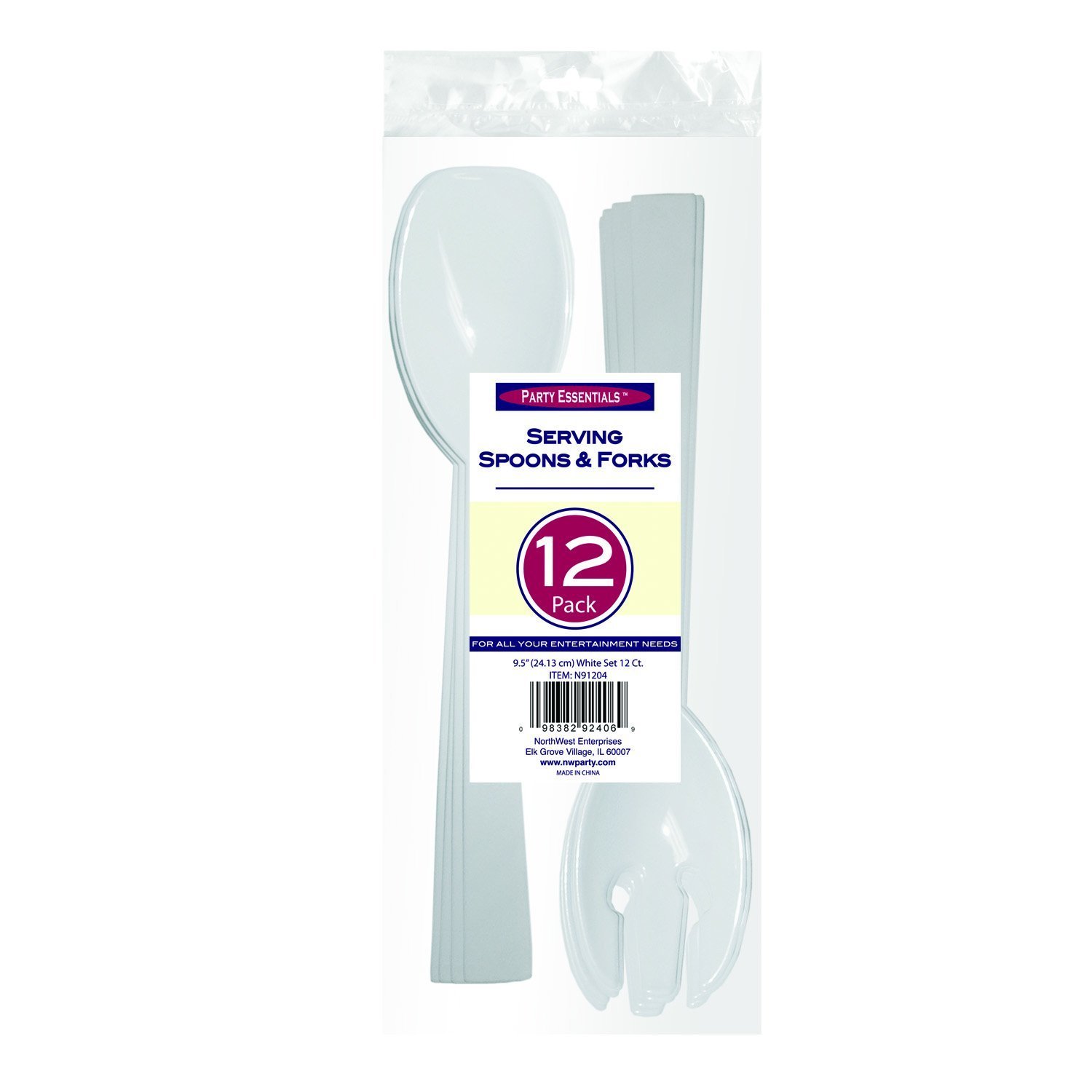 Party Essentials Hard Plastic Serving Forks and Spoons, 9.5-Inch, White, Set of 6