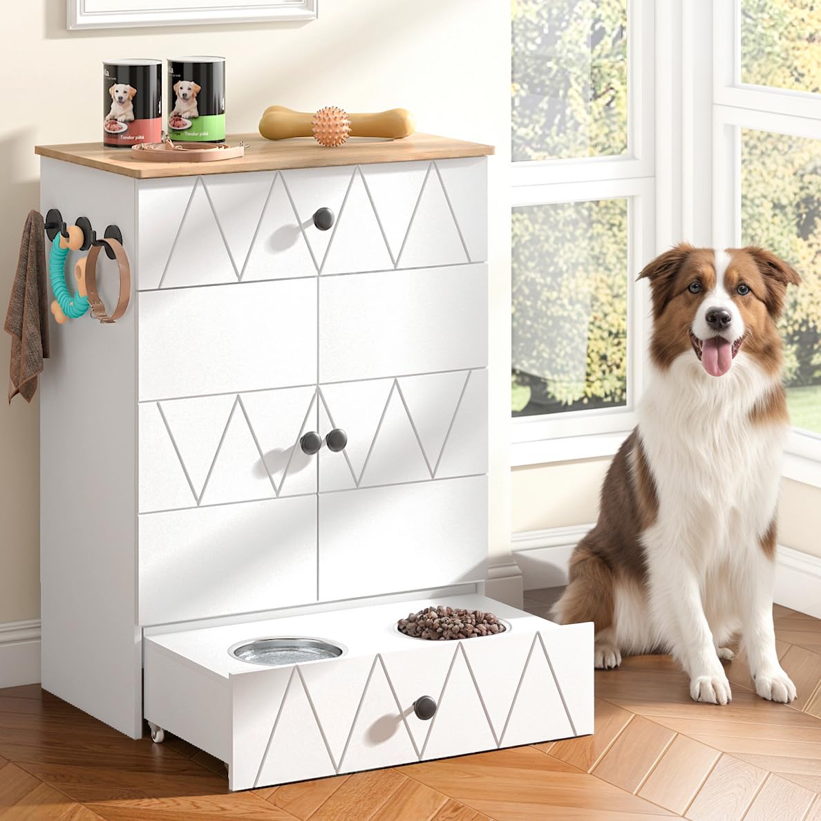 Pet Feeding Station with Storage, Raised Dog Bowls, Pet Feeder Cabinet, with Adjustable Shelves, Rolling Drawer, Hooks, for Feeding & Watering