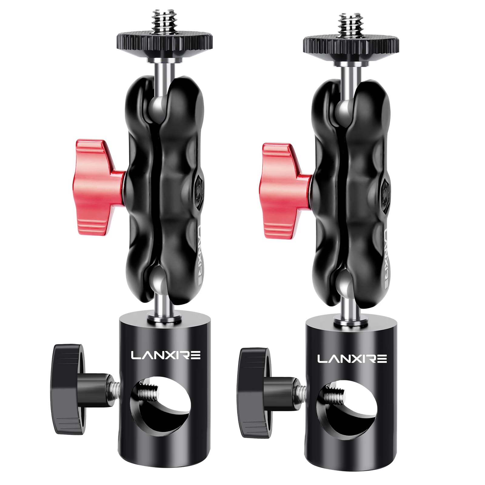 Lanxire 1/4” Screw Mount Adapter (2 Pack) with Dual Joint Tilt for C Stand Boom Arm, Mount Converter with Double Ball Head, for Flash Bracket