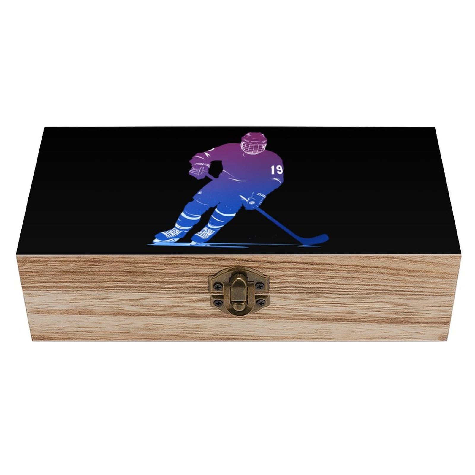 HLBSDM Ice Hockey Player Wooden Box with Hinged Lid Decorative Storage Case Container