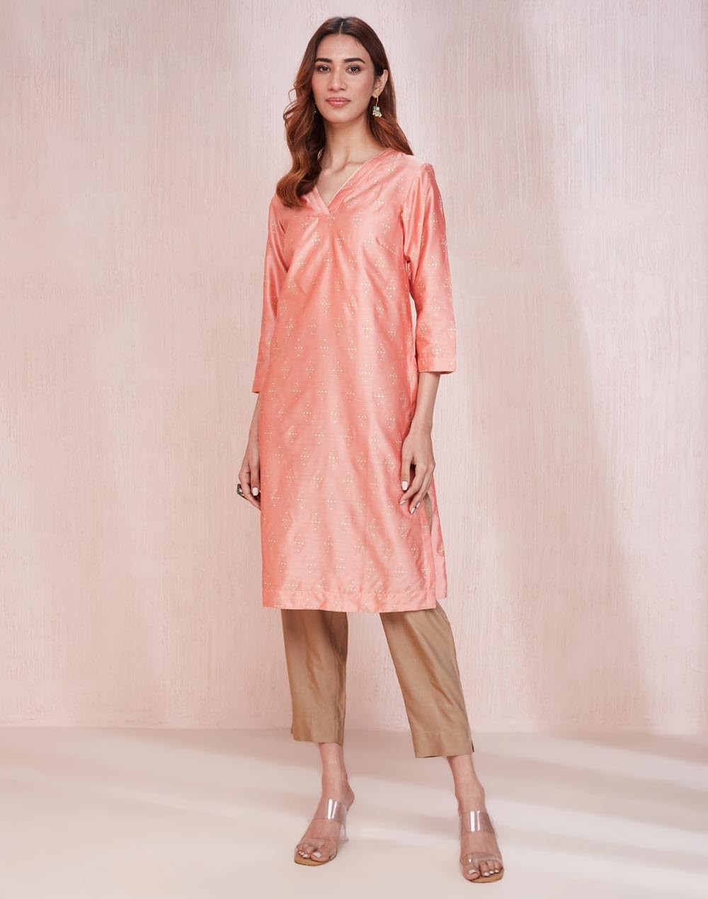 Fabindia Women's Cotton Silk Printed Regular Kurta (1037334Peach_Peach