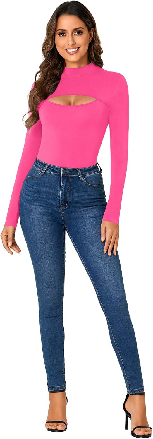 LYANER Women's Mock Neck Sexy Cutout Front Long Sleeve Slim Fit Bodysuit Leotard Top - Image 6