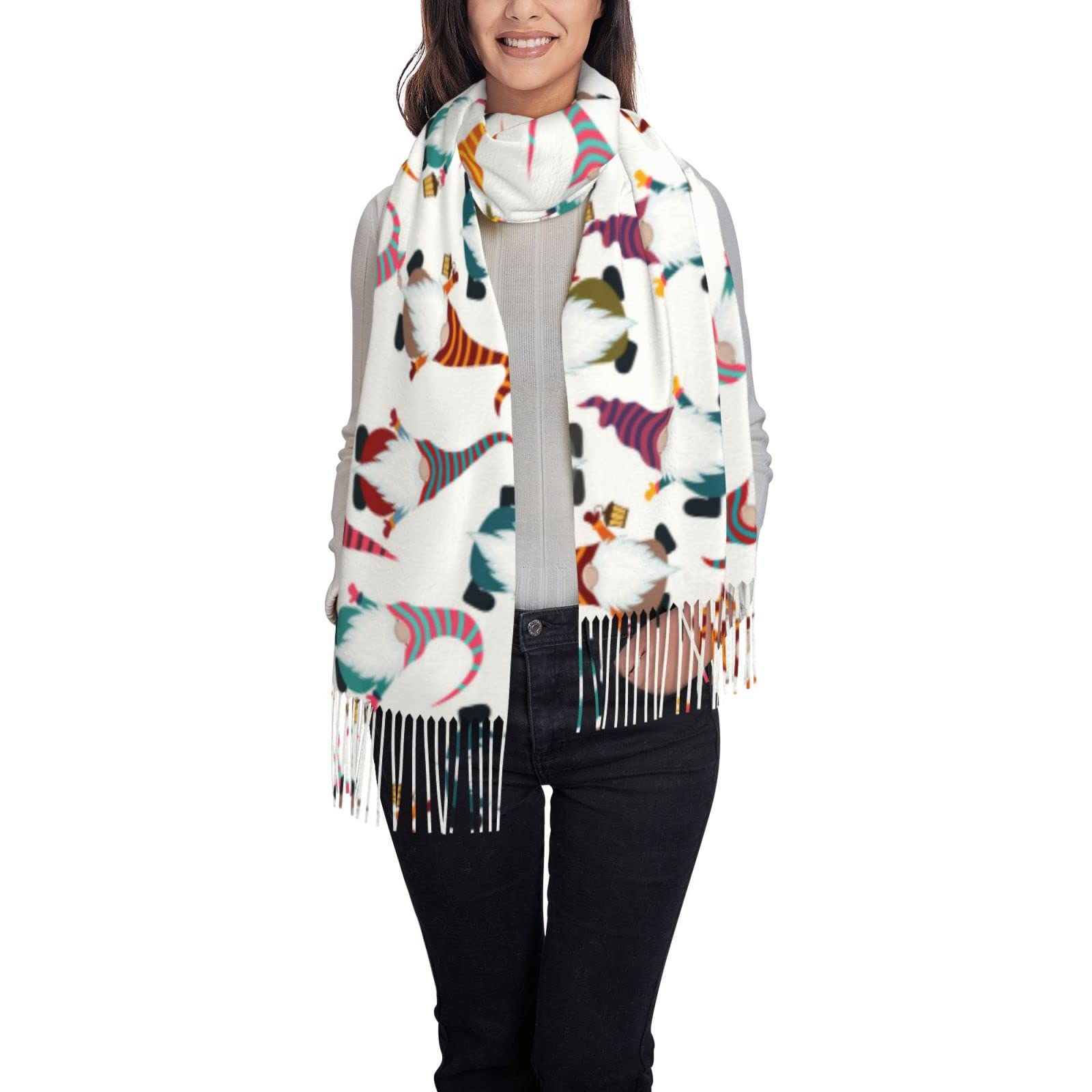 BUULOO Ladies Xmas Funny Gnomes Printed Faux Cashmere Shawl Scarf With Fringe Fashion Winter Gift