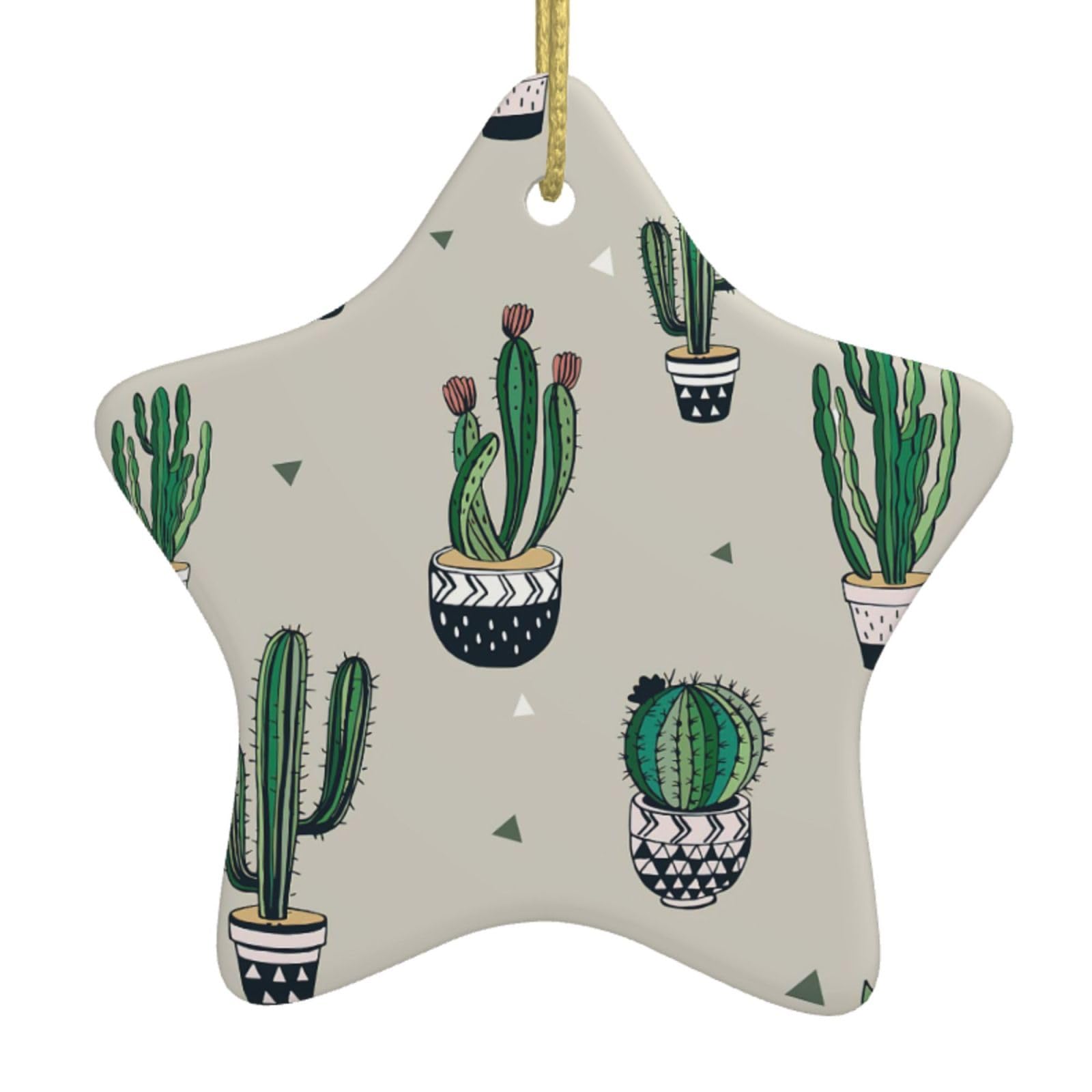 Green Cactus. Print Christmas Ornaments, Ceramic Hanging Ornament, Round Shape Decorations