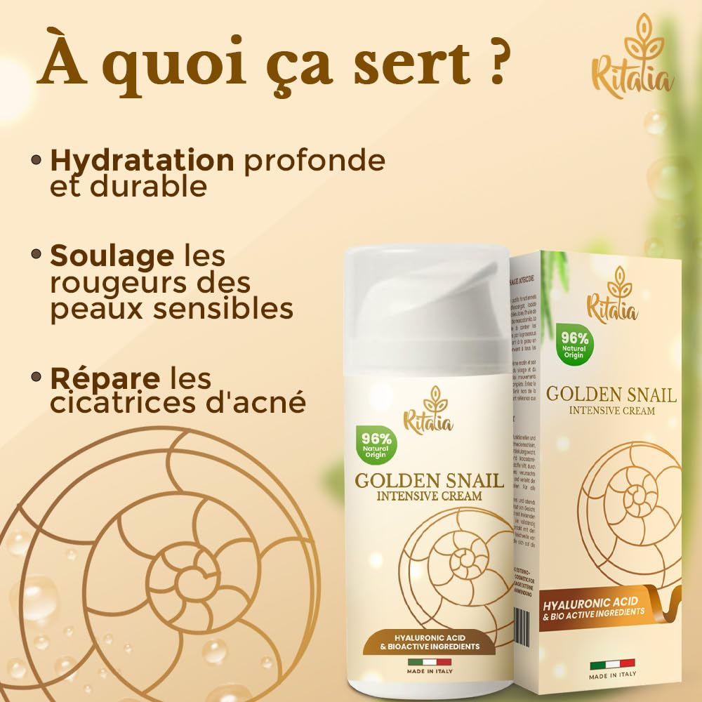 Crème visage 100 ml à la bave d'escargot à 75% et à l'acide hyaluronique pur de Ritalia, pour femme et homme – Ingrédients bio, action anti-rides et hydratante