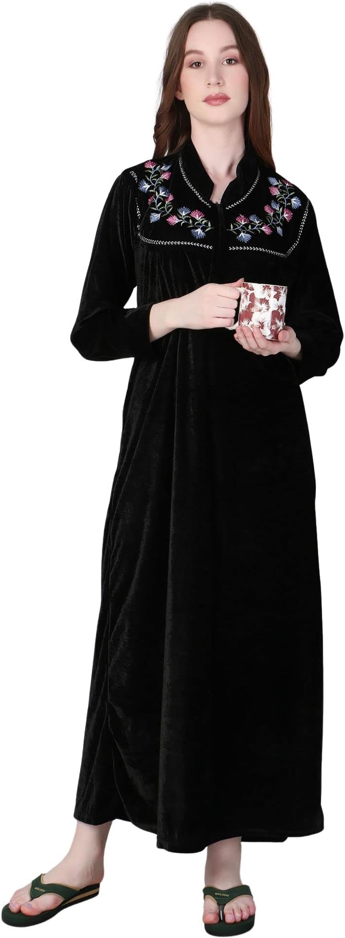 GLOSSIA Fashion Solid Super Soft Warm Velvet Fabric Maxi Woolen Nighty/ Night Gown (WNTY-D42-$), Black, Free Size