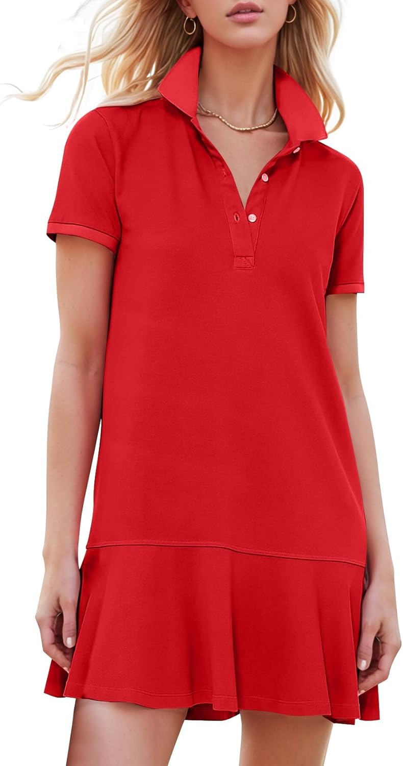 Kissonic Women's Polo Dress Short Sleeve V Neck Ruffle Hem Casual Summer Golf Tennis Mini Shirt Dresses