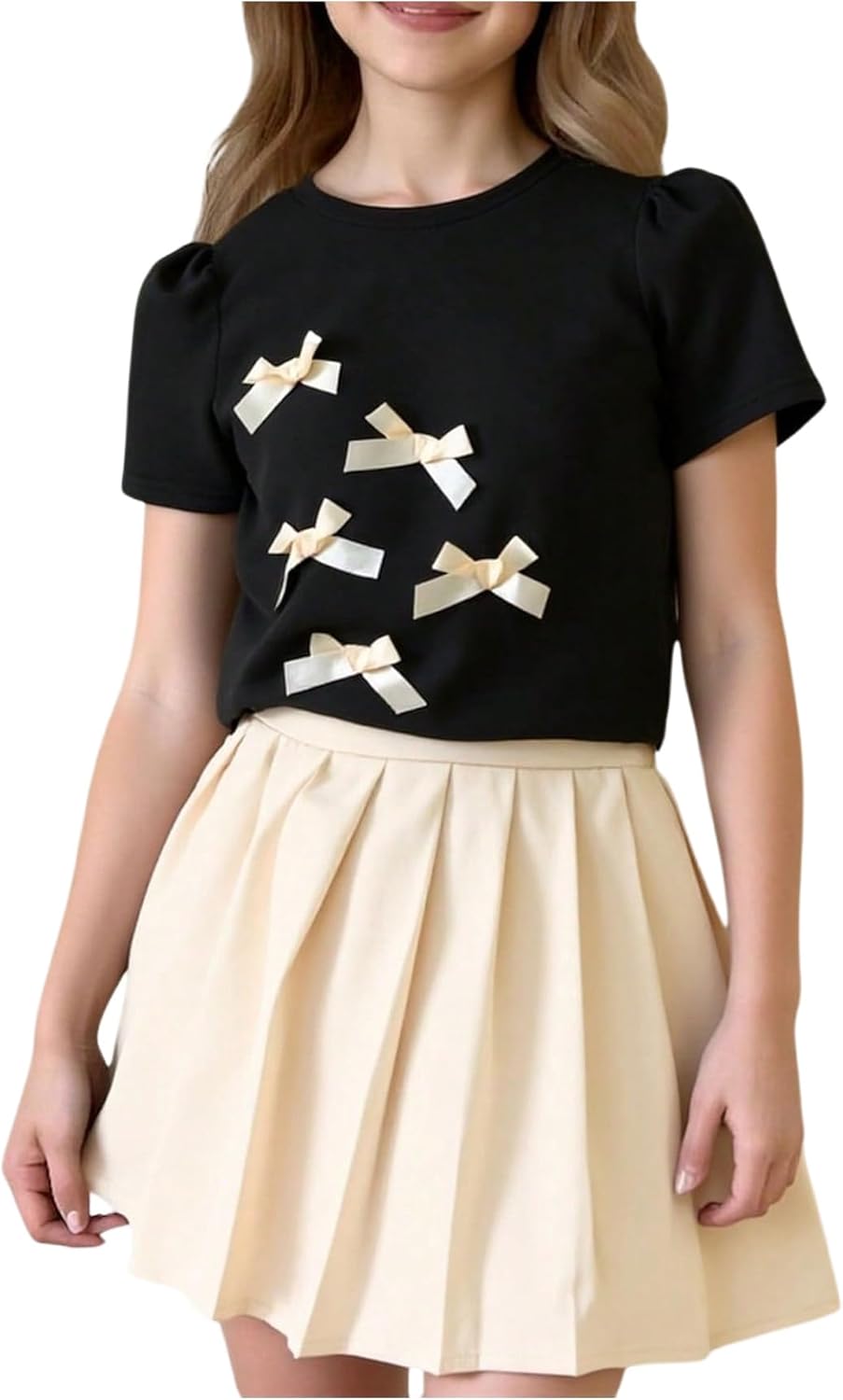RoseSeek Girl's 2 Piece Preppy Summer Outfits 3D Bowknot T Shirt and Mini Pleated Skirts Clothing Set