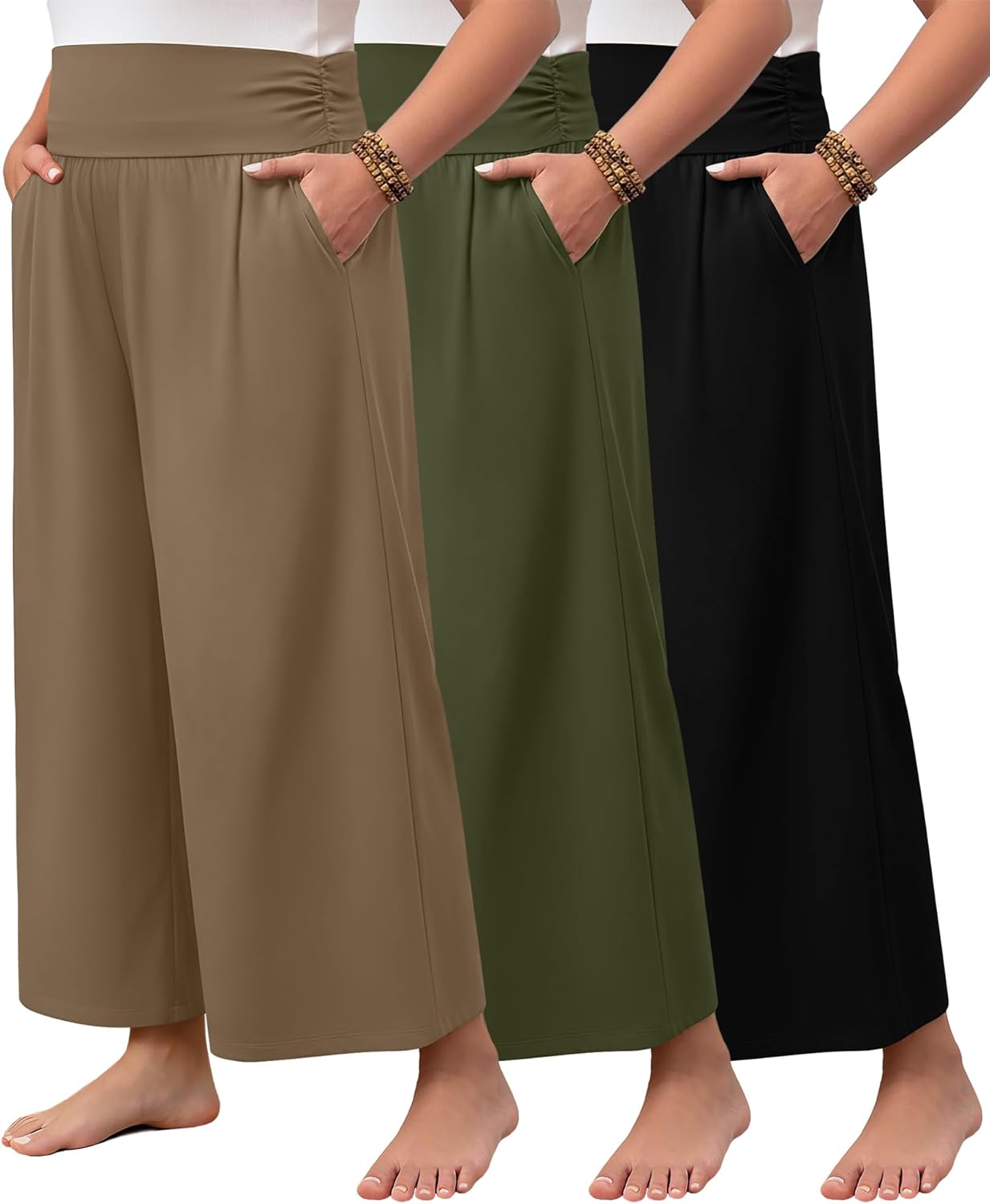 3 Pack Women's Plus Size Pants Wide Leg Palazzo Cropped Pants Loose High Waisted Capris Lounge Pajama with Pockets