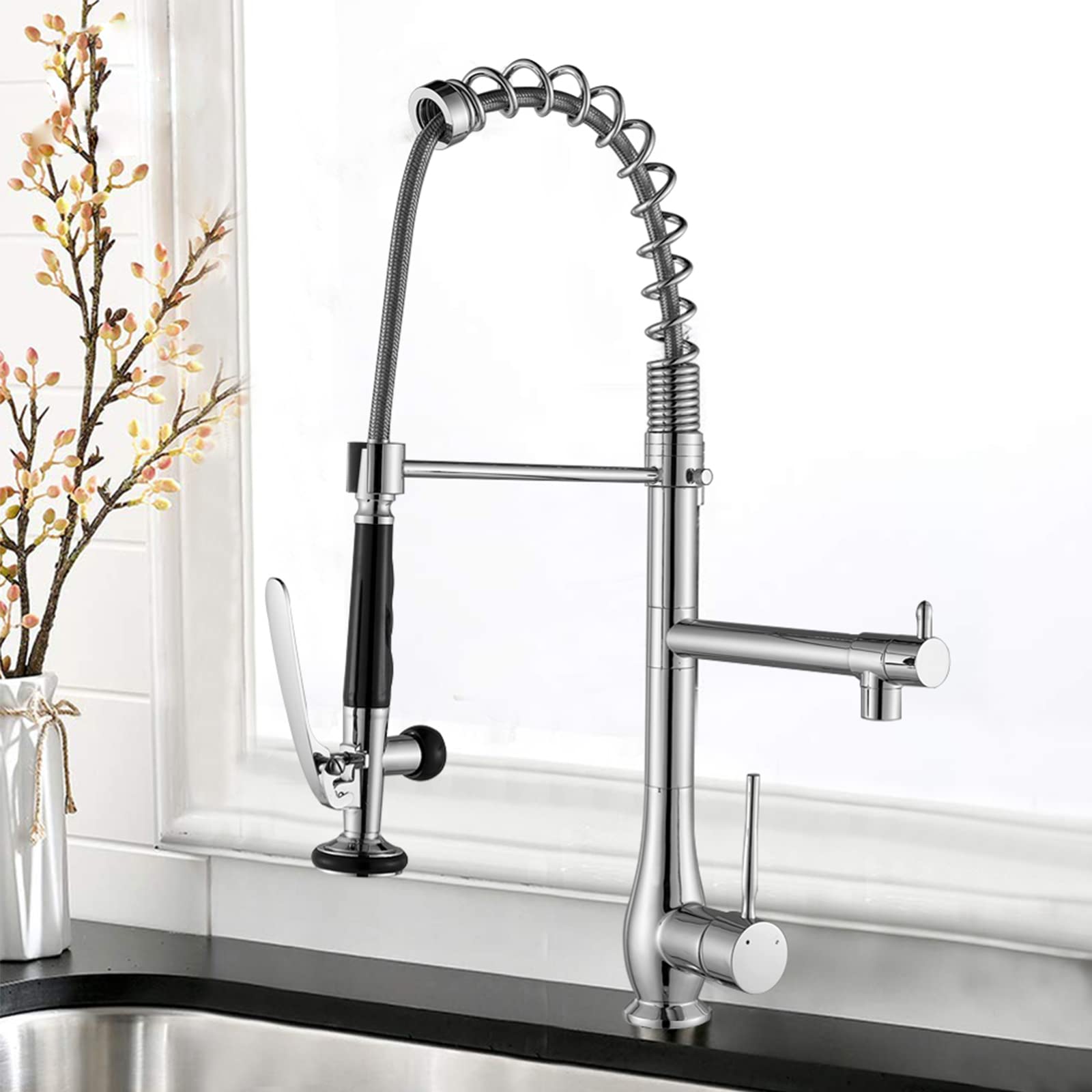 Rubinetto per lavello da Cucina Contemporaneo, Rubinetto in Ottone a Maniglia Singola con doccetta Estraibile, rubinetti Commerciali bifunzionali a Molla, Rubinetto per riempire PE