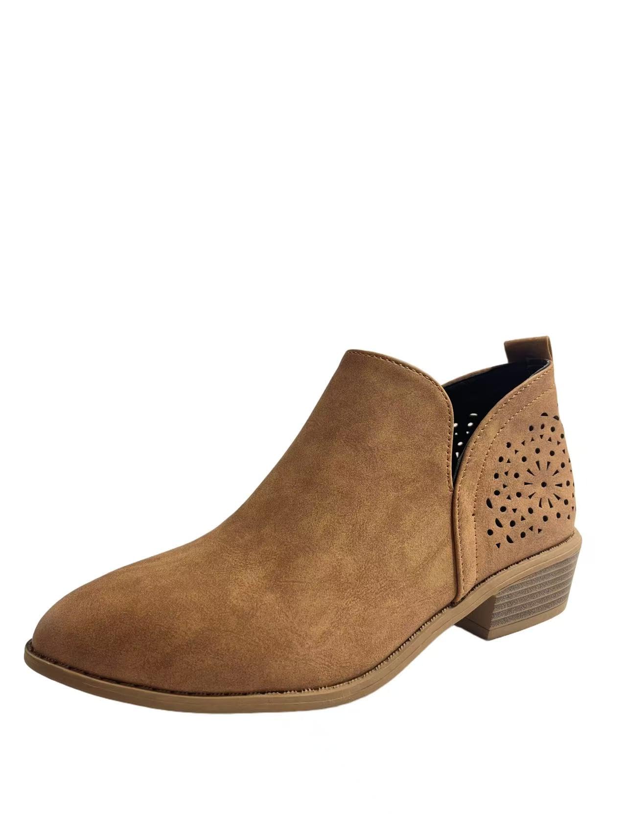 Womens short nude and ankle boots adopting a Western style design with hollowed out details paired with low