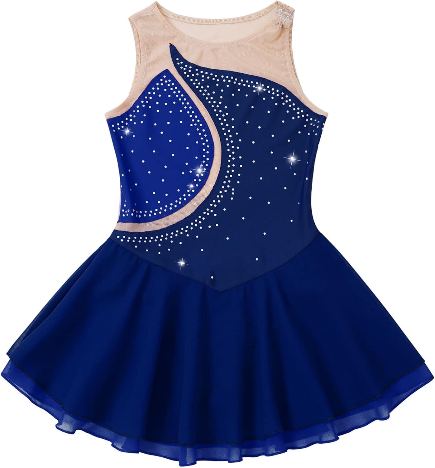Shinsto Kids Girls Rhinestone Mesh Splice Figure Ice Skating Dress Gymnastic Leotard Dancewear Costume