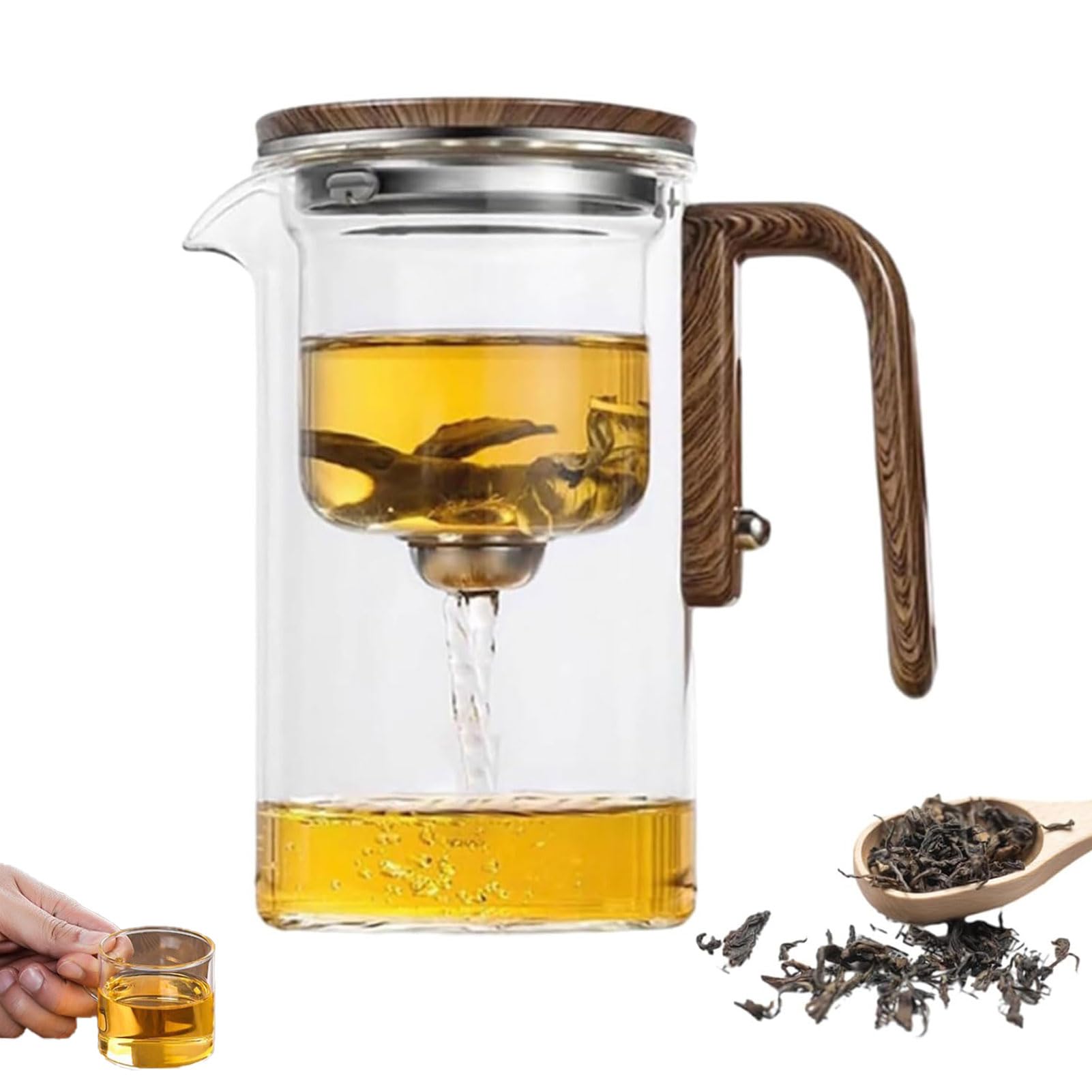 Wassertrennende Glasteekanne, Wassertrennende Glasteekanne mit Holzgriff, Druckkontrolle, magische Teekanne aus Glas, magnetische Filterteekanne mit zwei Sieben (720ml)