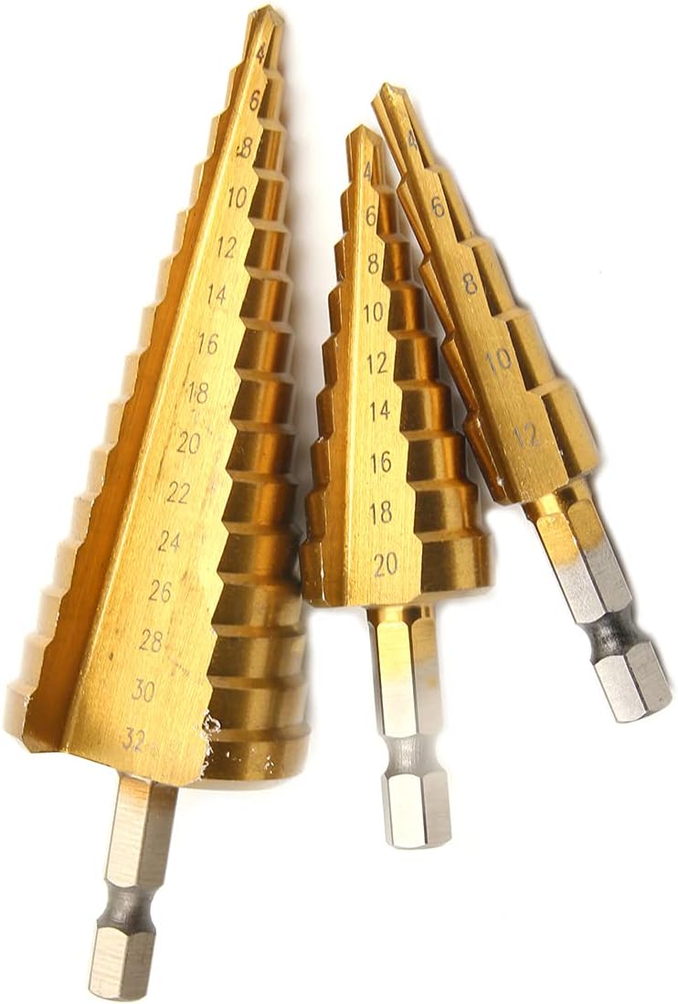 3pc 1/4" Hex Shank Titanium Coated HSS Steel Step Drill Bit Cone Drill Hole Metal Cutter Bit Set