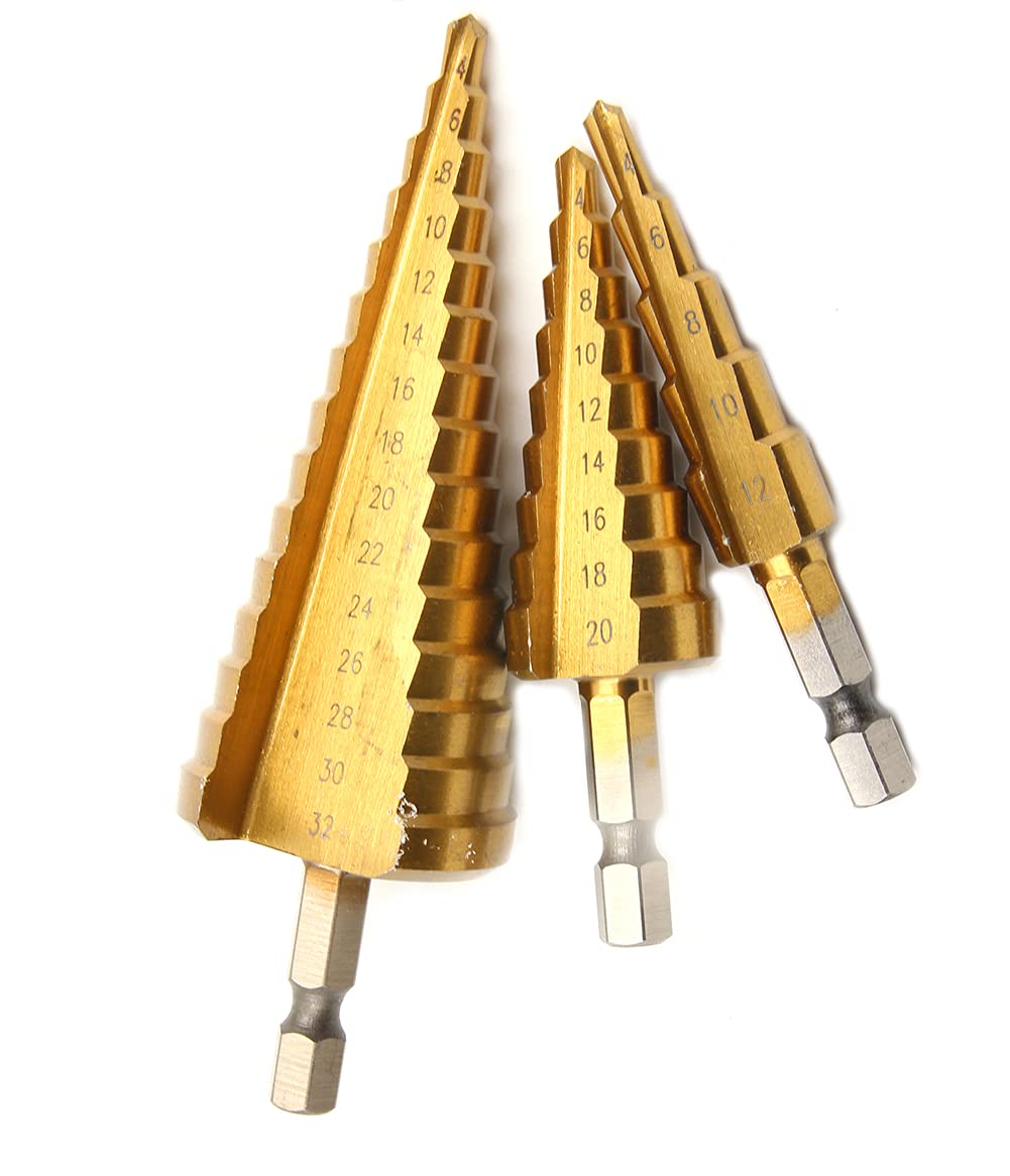 3pc 1/4" Hex Shank Titanium Coated HSS Steel Step Drill Bit Cone Drill Hole Metal Cutter Bit Set