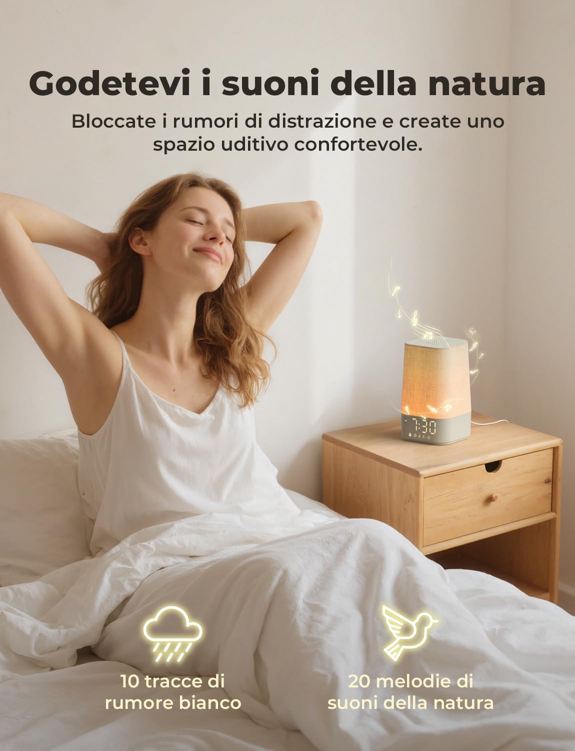 LIORQUE Sveglia Luminosa, Lampada da Comodino con Sveglia, Simulazione dell'alba, 13 Livelli di Luminosità, 10 Tracce di Rumore Bianco e 20 Melodie Della Natura, Funzione Sveglia e Snooze