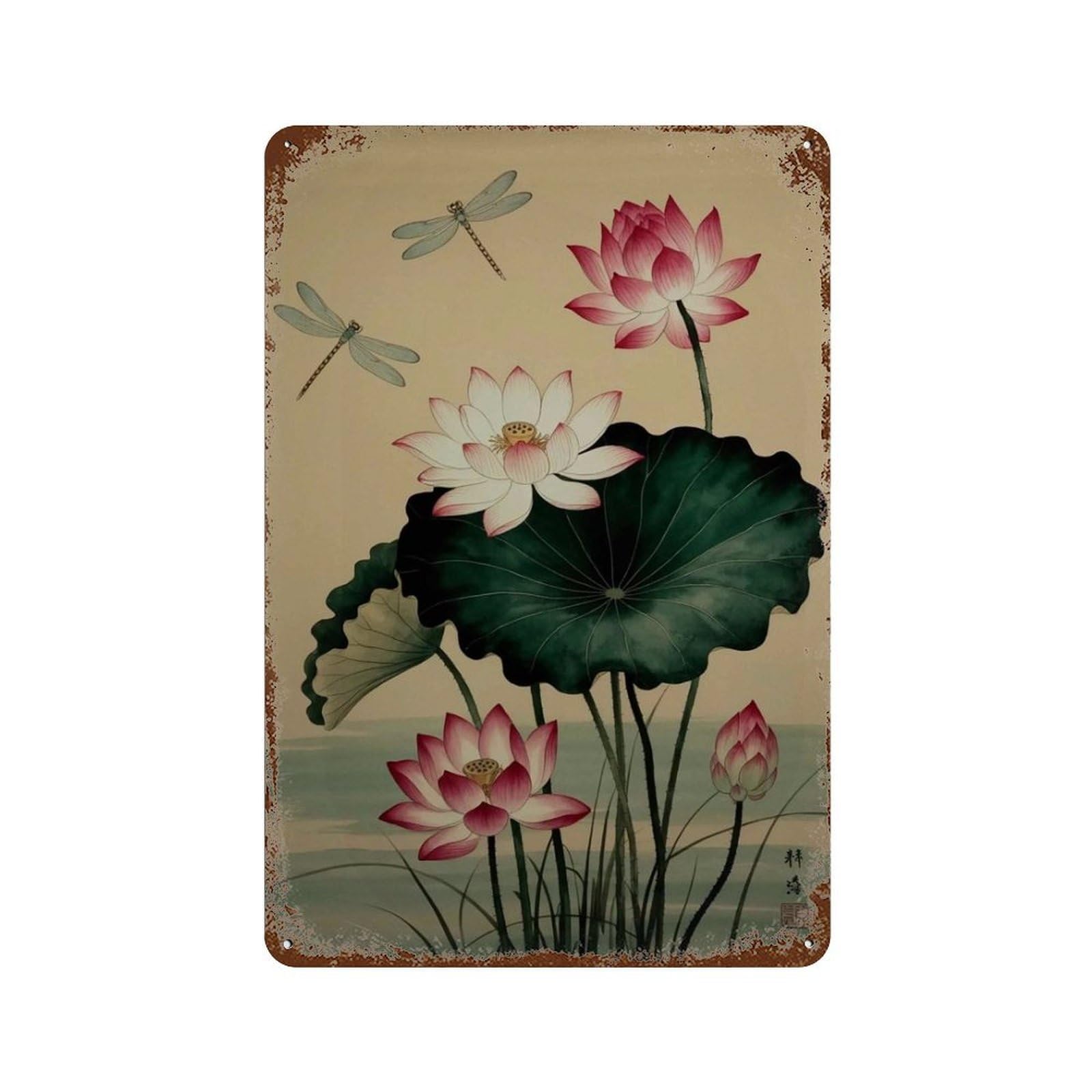 xiaoxiaoshen Lotus Flower Japanese Botanical Zen Work Asian Dragonfly Painting Style Floral H Wall Decor Art Metal Tin Poster Modern Home Decor Art Home Bar Shop Decorations Vintage Sign 30x20cm