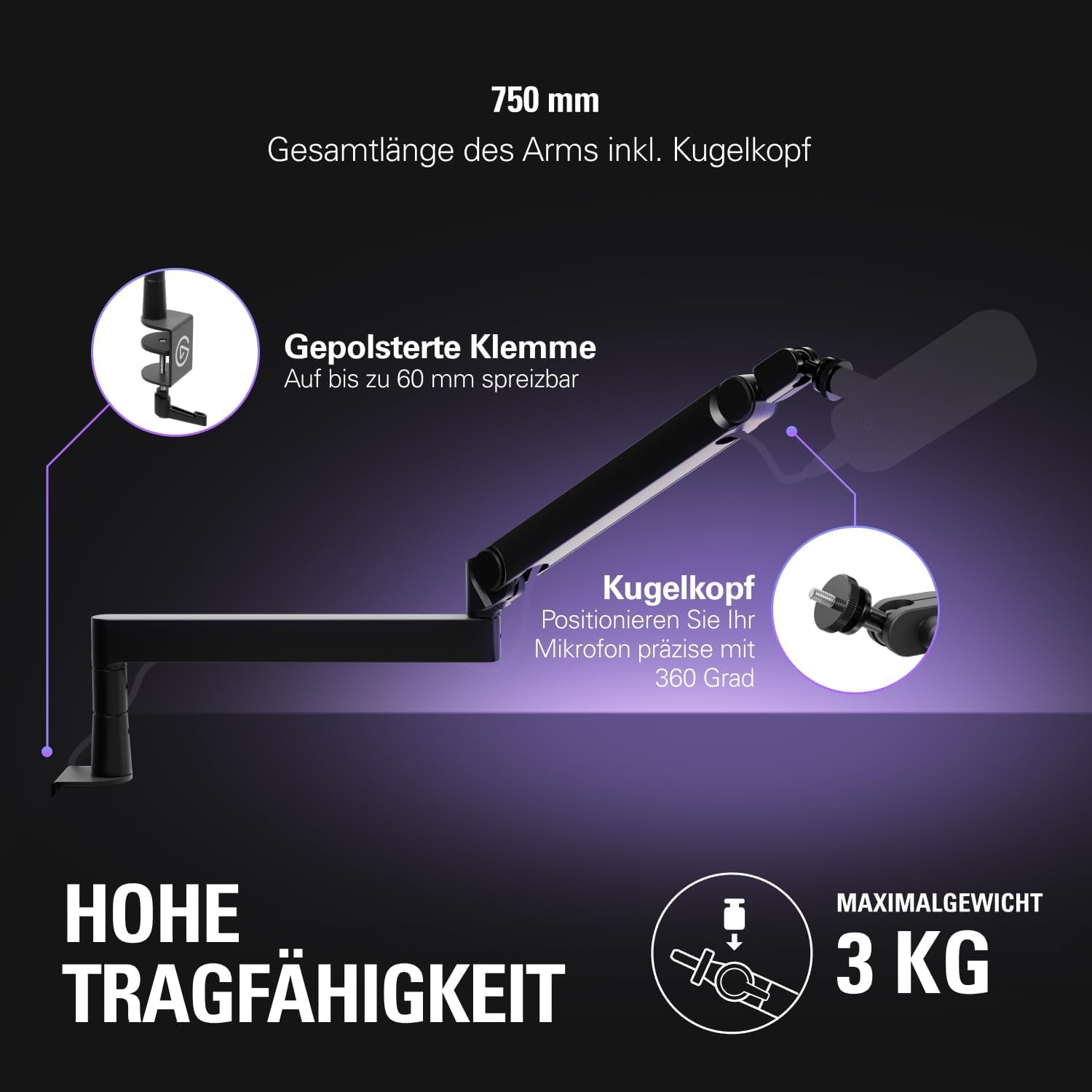 Elgato Wave Mic Arm Pro, Gasfeder-Mikrofonarm | Trägt bis 3 kg, geräuschlose Gasfeder-Verstellung, versteckte Kabelkanäle, gepolsterte Klemme