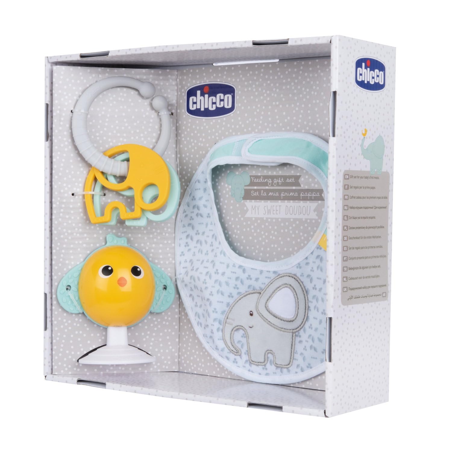 Set Regalo La Mia Prima Pappa Bavaglino Gioco Seggiolone Ventosa Pulcino Sonagli Colorati 6 Mesi+