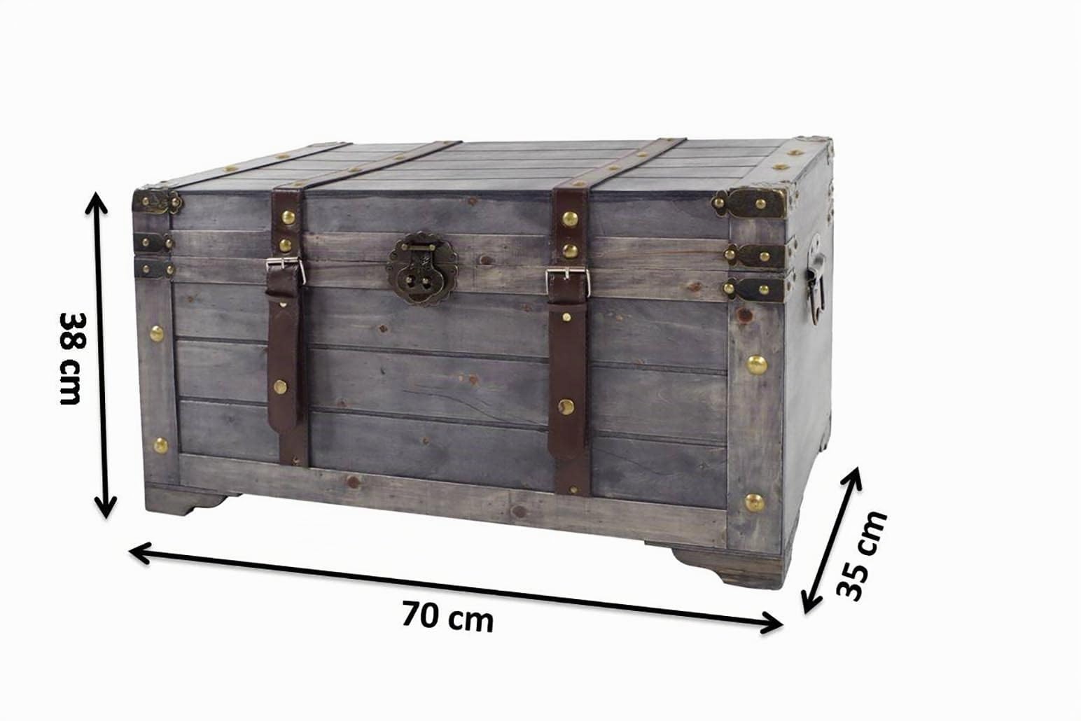 Kobolo Truhe KUBA, 70x35x38 cm, grau, Vintage Holztruhe mit Deckel & Stauraum, rustikale Aufbewahrungstruhe im Schatztruhendesign mit Metall- & Kunstlederapplikationen