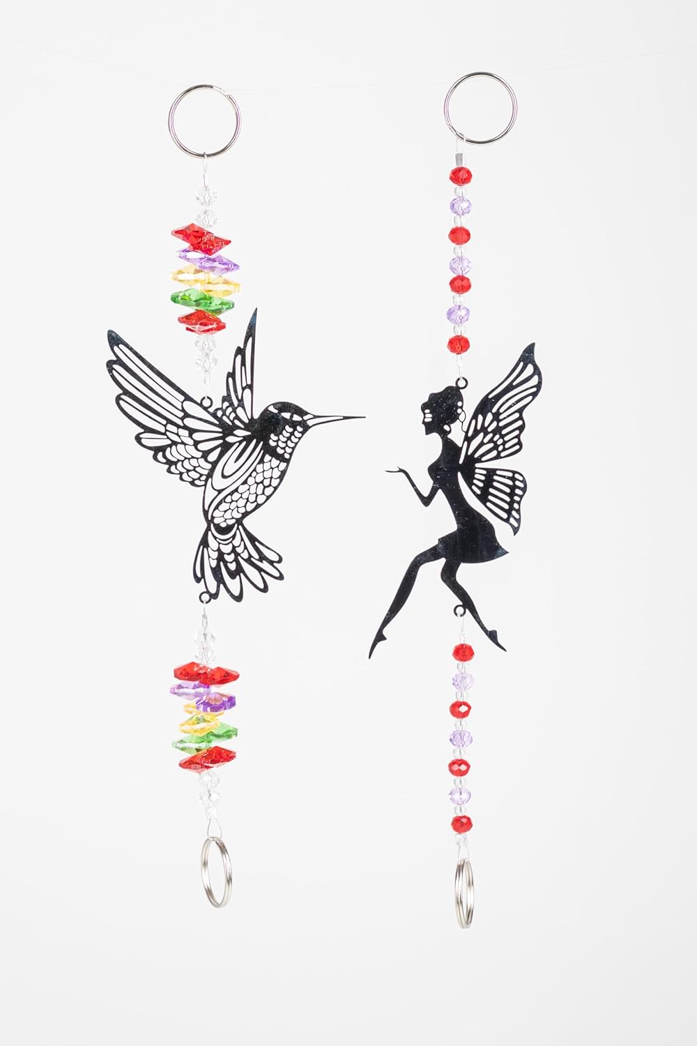 Fairy and Hummingbird Suncatcher Set, 2-Pack, Stainless Steel Garden Hangers with Beads, 10 inches